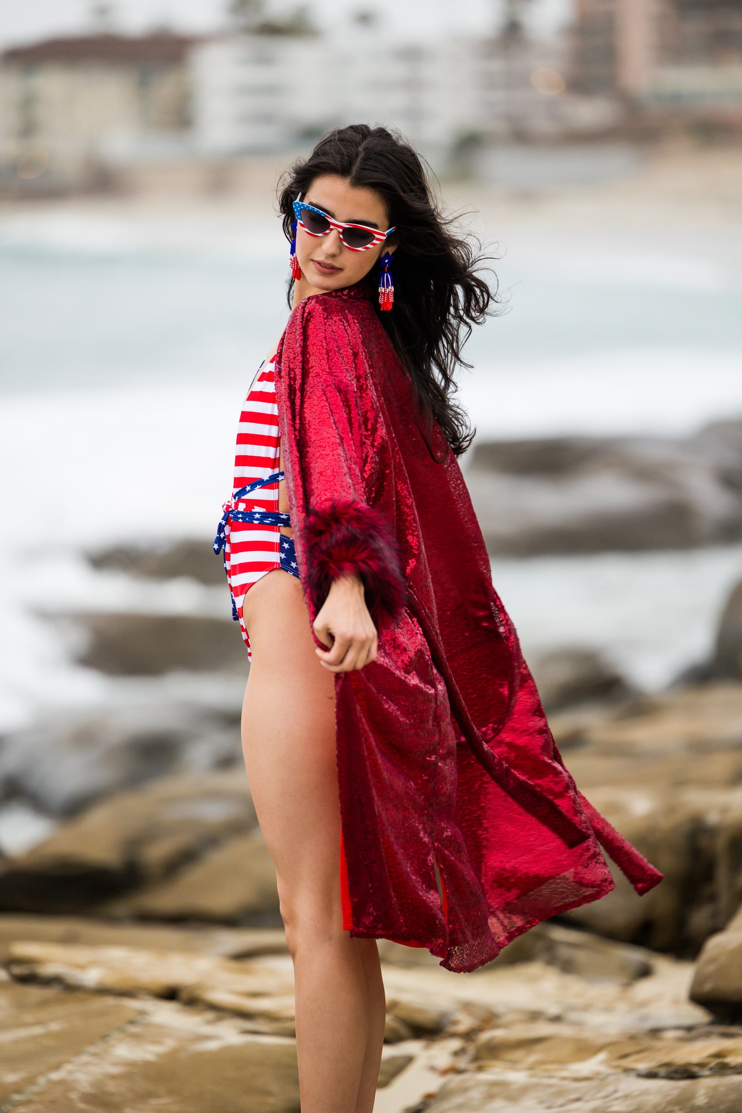 Ruby Sequin Faux Fur Koi Kimono