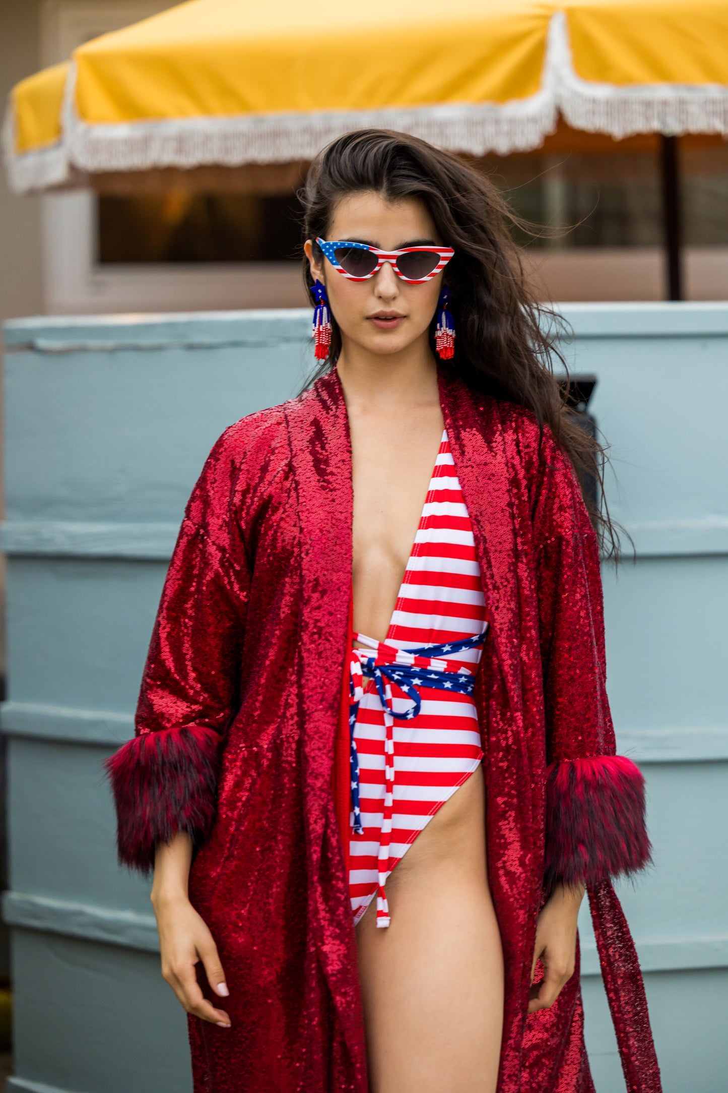 Ruby Sequin Faux Fur Koi Kimono