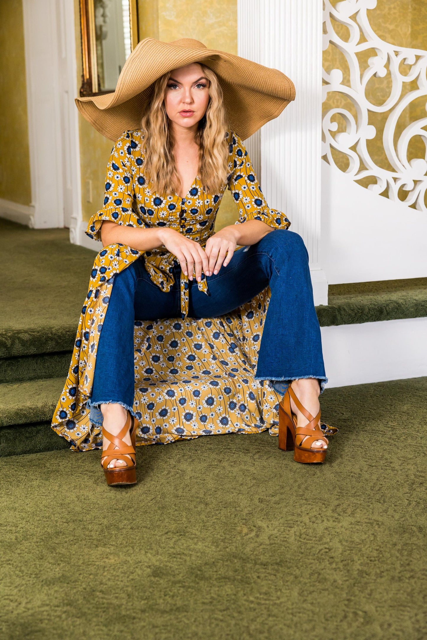 jennafer grace sunflower dressing gown coverup duster layering dress boho bohemian hippie romantic whimsical cottagecore beach resort holiday daisy floral yellow blue ruffle sleeve handmade