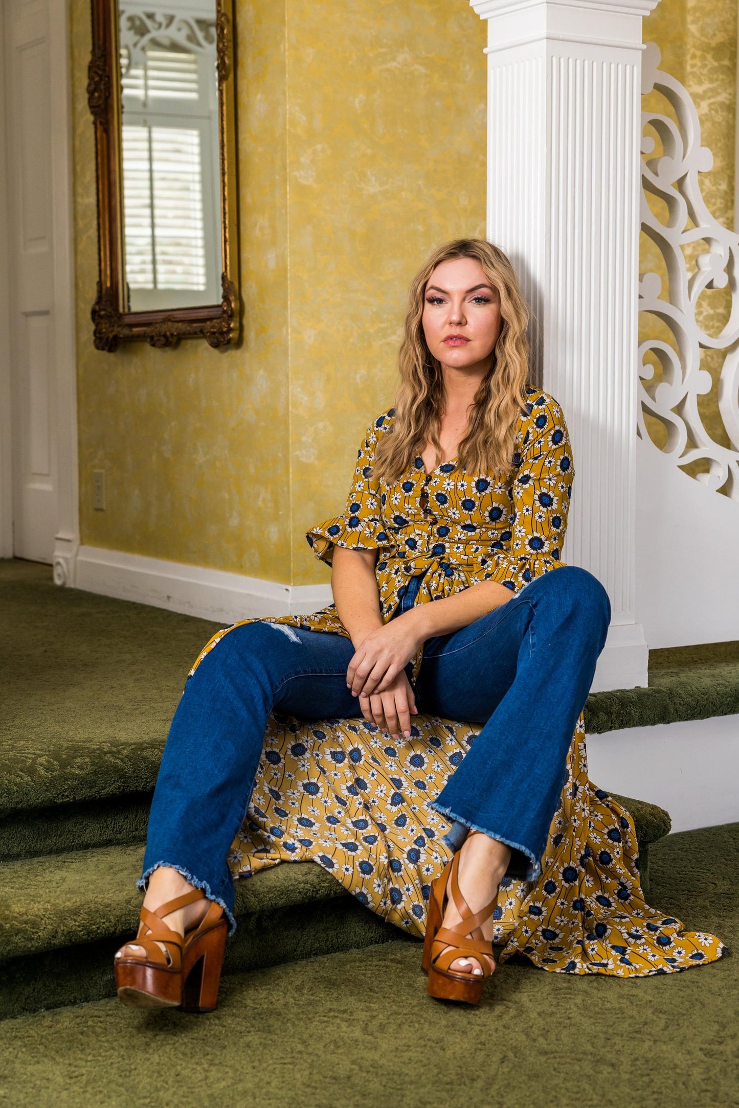 jennafer grace sunflower dressing gown coverup duster layering dress boho bohemian hippie romantic whimsical cottagecore beach resort holiday daisy floral yellow blue ruffle sleeve handmade