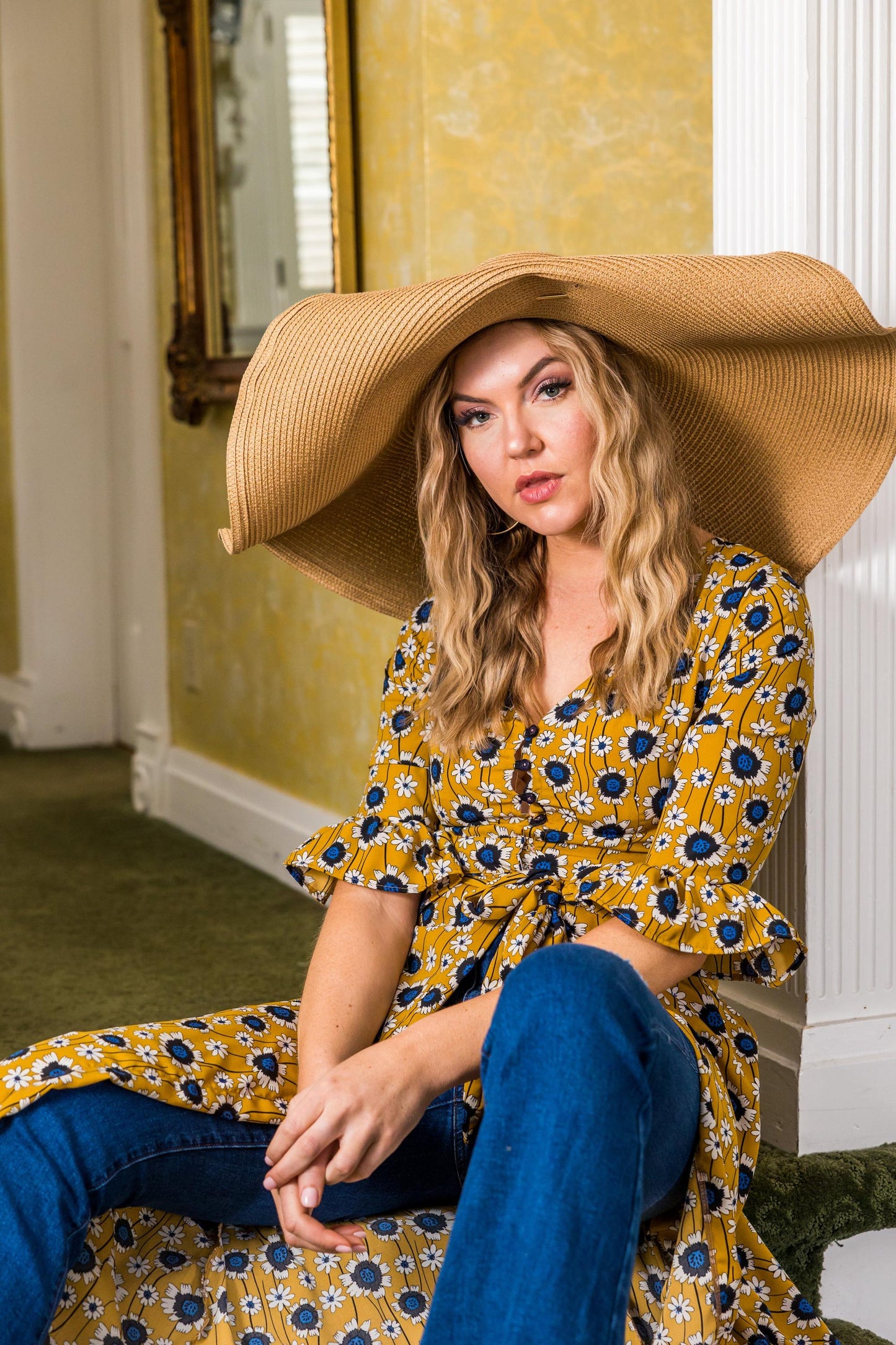 jennafer grace sunflower dressing gown coverup duster layering dress boho bohemian hippie romantic whimsical cottagecore beach resort holiday daisy floral yellow blue ruffle sleeve handmade