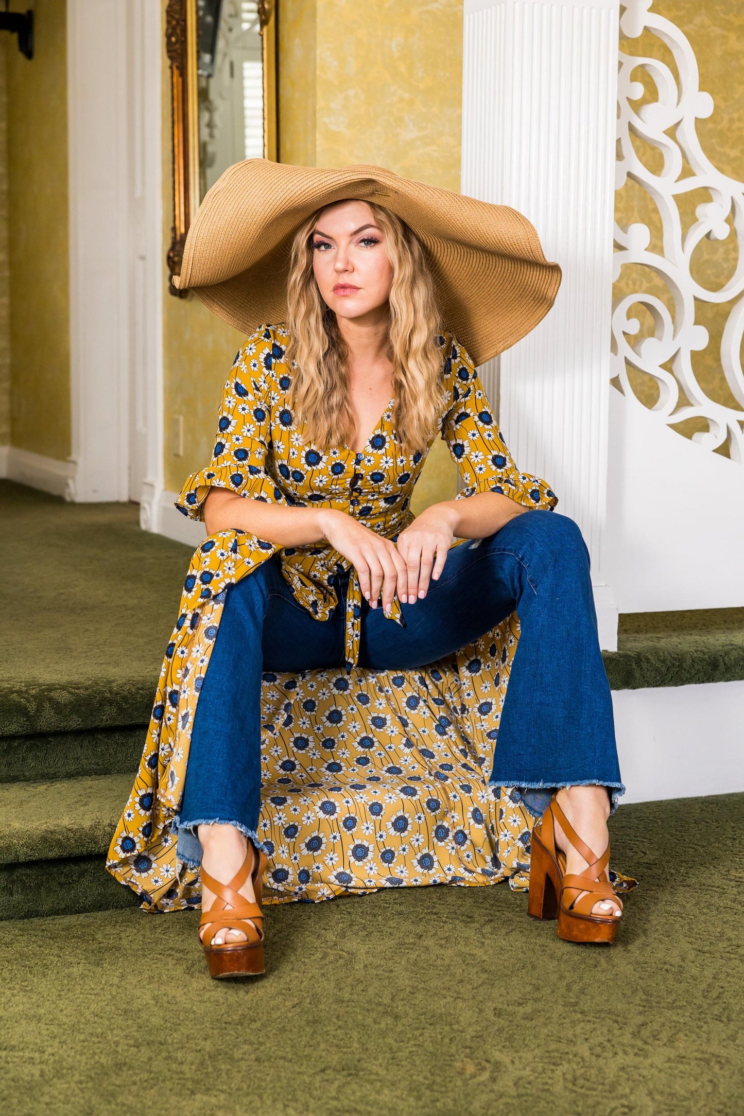 jennafer grace sunflower dressing gown coverup duster layering dress boho bohemian hippie romantic whimsical cottagecore beach resort holiday daisy floral yellow blue ruffle sleeve handmade