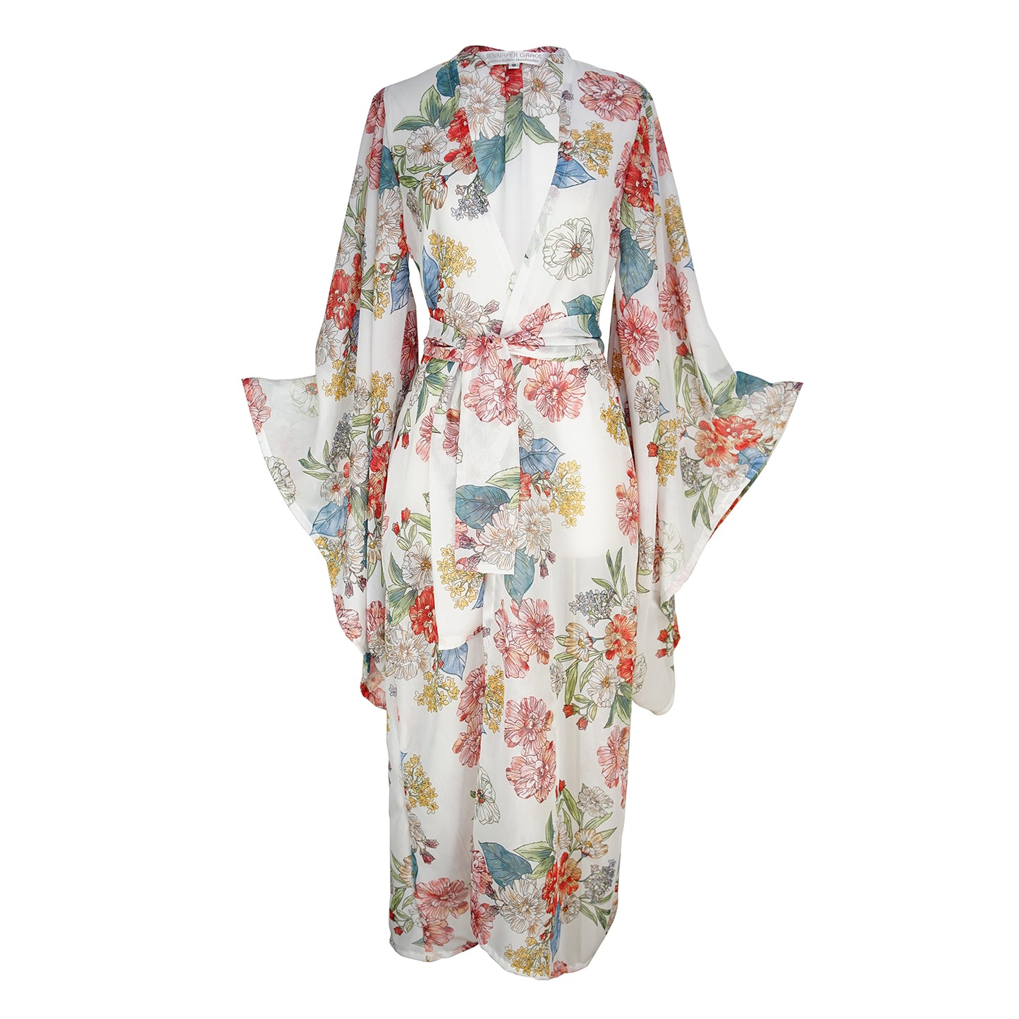 jennafer grace Tea Rose kimono ivory white floral blue pink flower print coverup wrap dress with pockets duster jacket robe boho bohemian hippie whimsical romantic beach poolside resort cabana lounge wear unisex handmade in California USA