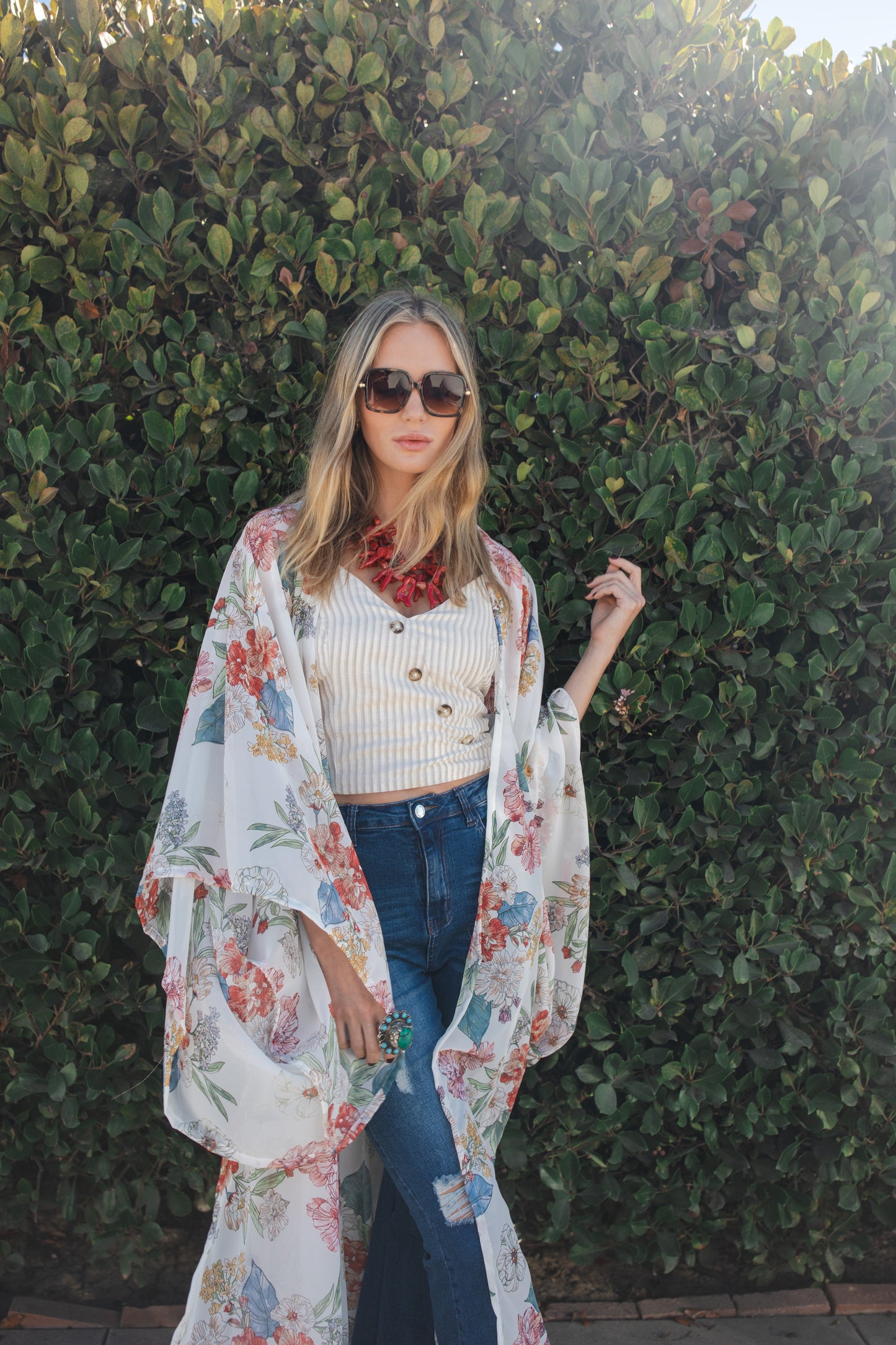 jennafer grace Tea Rose kimono ivory white floral blue pink flower print coverup wrap dress with pockets duster jacket robe boho bohemian hippie whimsical romantic beach poolside resort cabana lounge wear unisex handmade in California USA