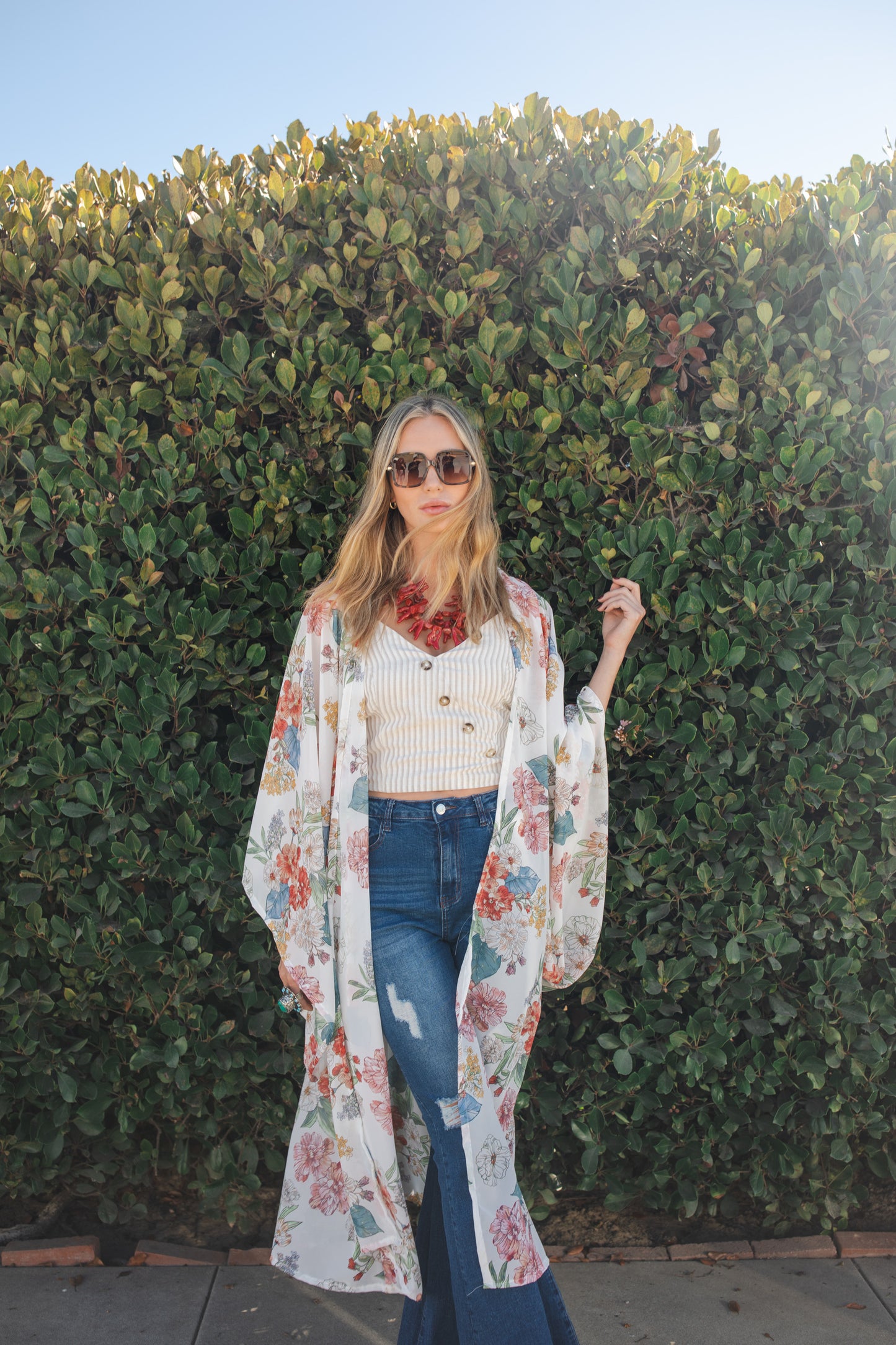 jennafer grace Tea Rose kimono ivory white floral blue pink flower print coverup wrap dress with pockets duster jacket robe boho bohemian hippie whimsical romantic beach poolside resort cabana lounge wear unisex handmade in California USA