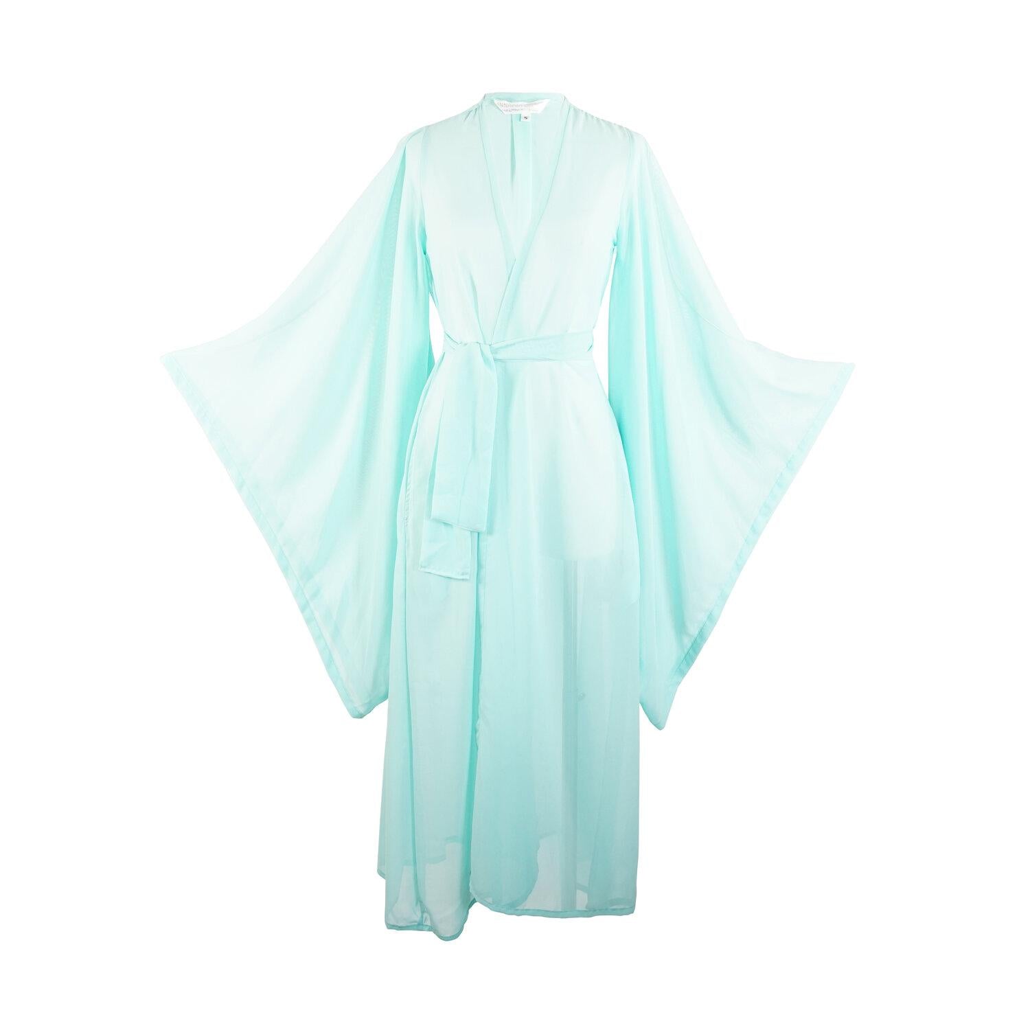 Jennafer Grace fashion kimono robe in a Tiffany teal blue. It has a wrap tie waist for a cinched look, v-neck, square sleeves, and an ankle length hem. Classic, bohemian aesthetic.
