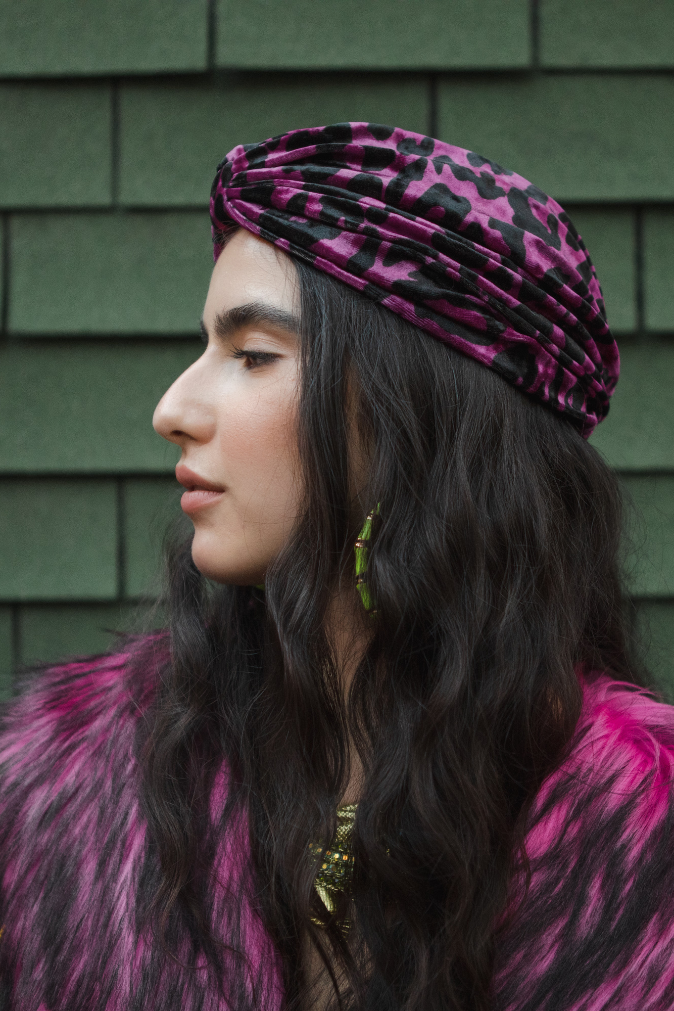 jennafer grace Vanya Fuchsia Leopard Turban headband retro hat beanie roaring twenties 1920s 20s revival flapper velvet animal print violet magenta hot pink boho bohemian hippie old hollywood romantic unisex handmade in california usa