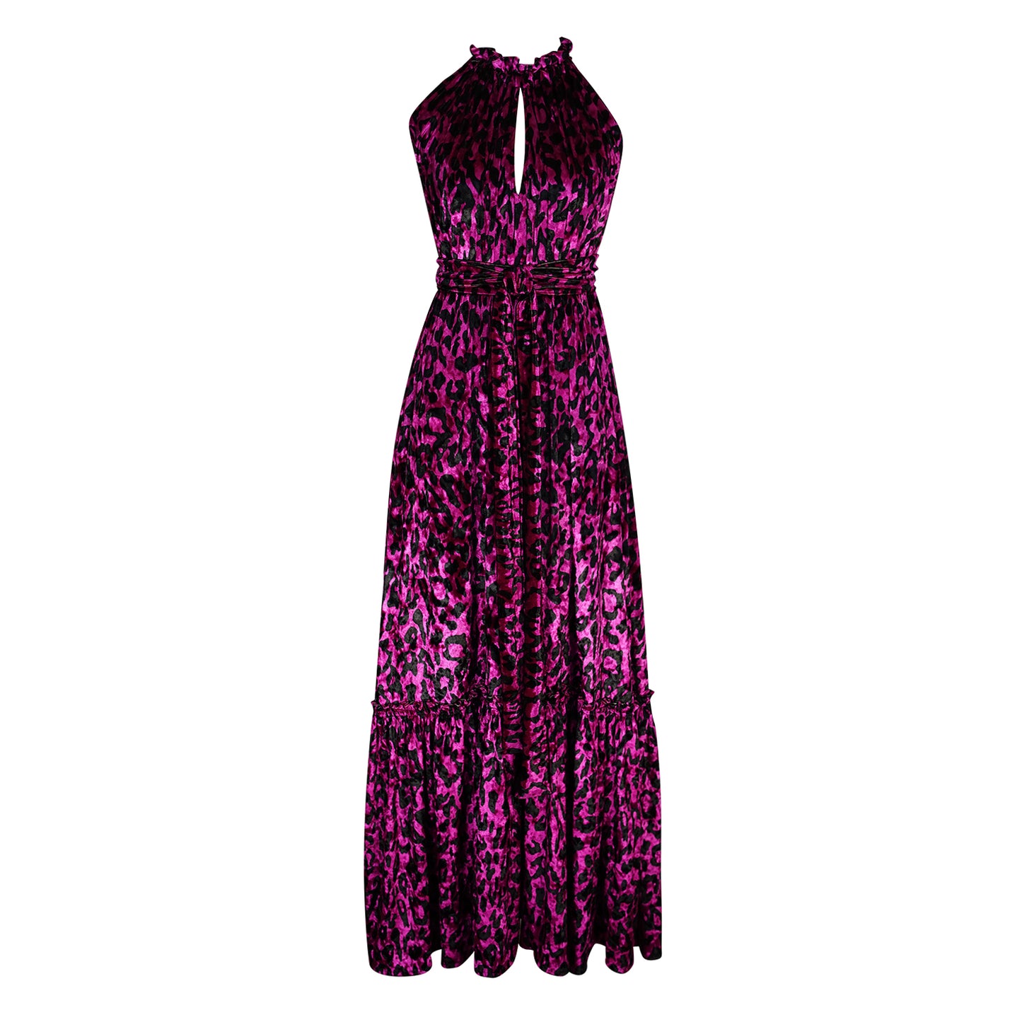 jennafer grace Vanya Fuchsia maxi dress magenta violet purple velvet velveteen leopard print boho bohemian hippie romantic whimsical holiday vacation beach resort las vegas palm springs unisex handmade in California USA