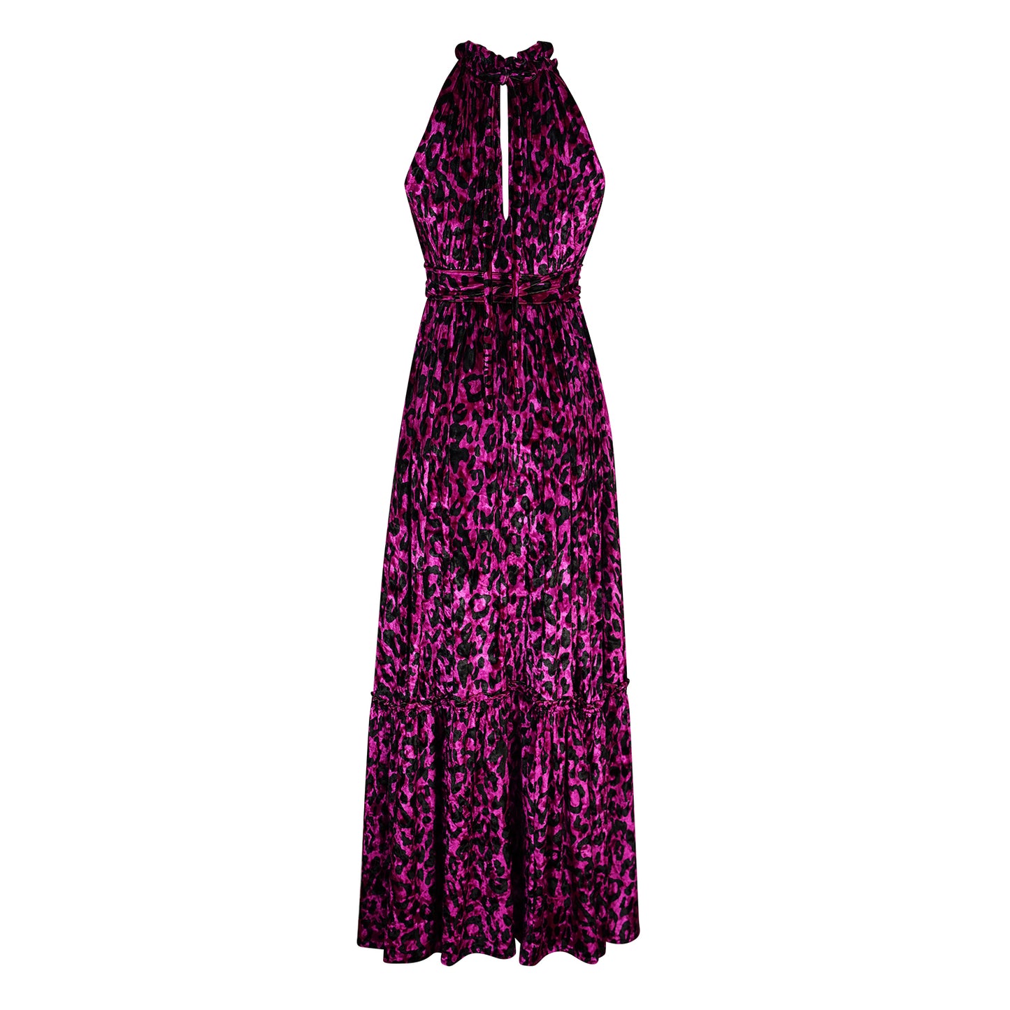 jennafer grace Vanya Fuchsia maxi dress magenta violet purple velvet velveteen leopard print boho bohemian hippie romantic whimsical holiday vacation beach resort las vegas palm springs unisex handmade in California USA