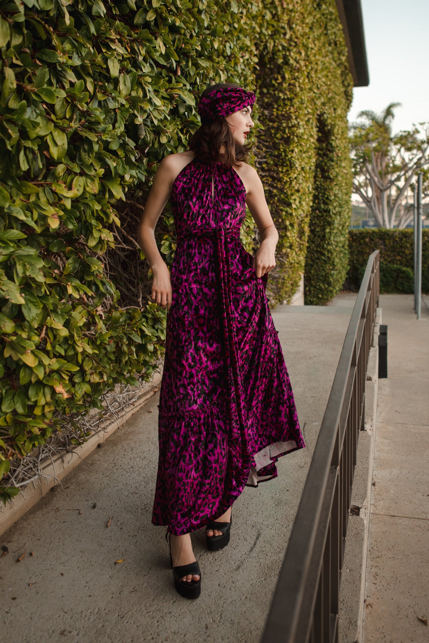 jennafer grace Vanya Fuchsia maxi dress magenta violet purple velvet velveteen leopard print boho bohemian hippie romantic whimsical holiday vacation beach resort las vegas palm springs unisex handmade in California USA