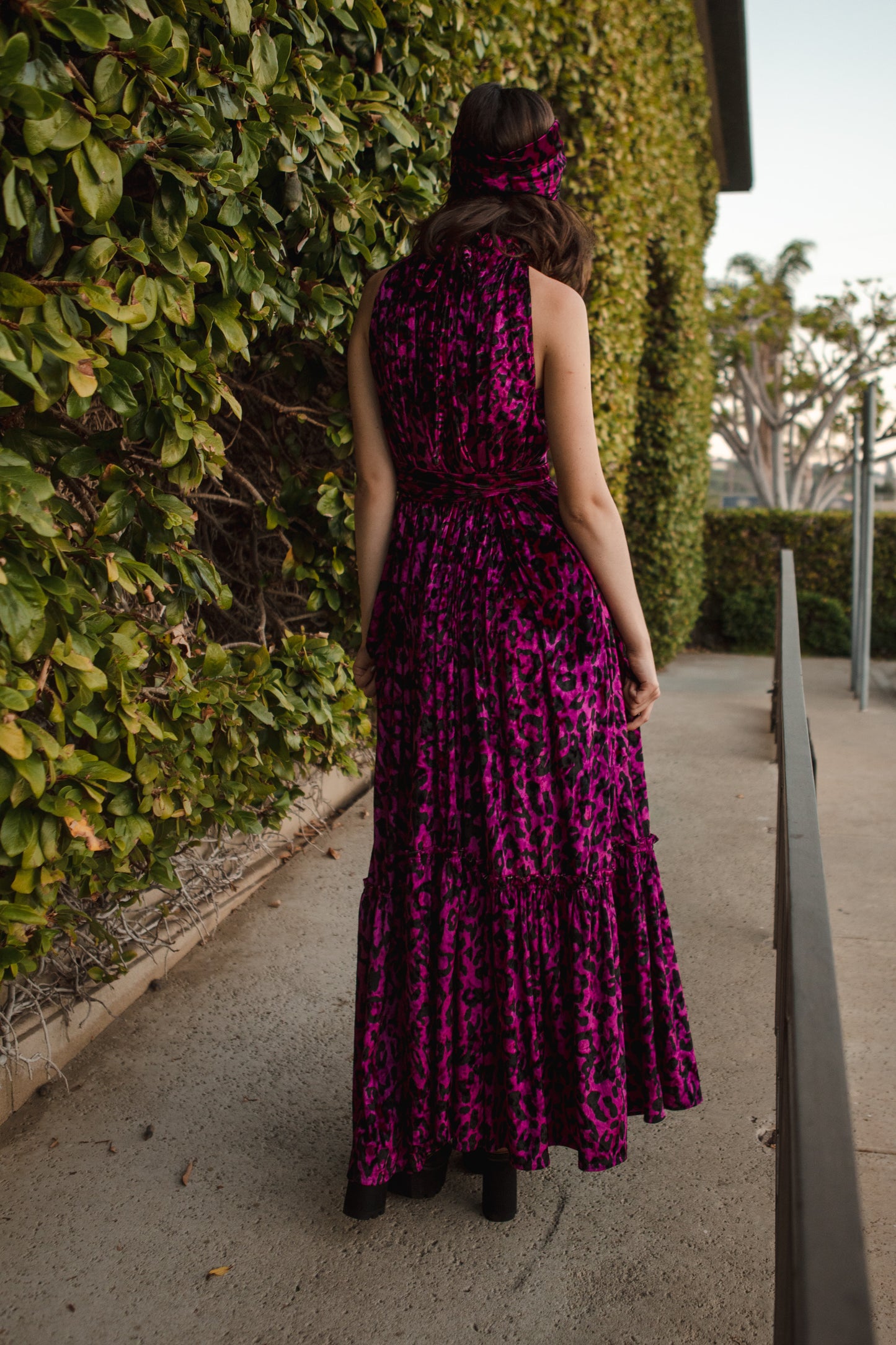 jennafer grace Vanya Fuchsia maxi dress magenta violet purple velvet velveteen leopard print boho bohemian hippie romantic whimsical holiday vacation beach resort las vegas palm springs unisex handmade in California USA