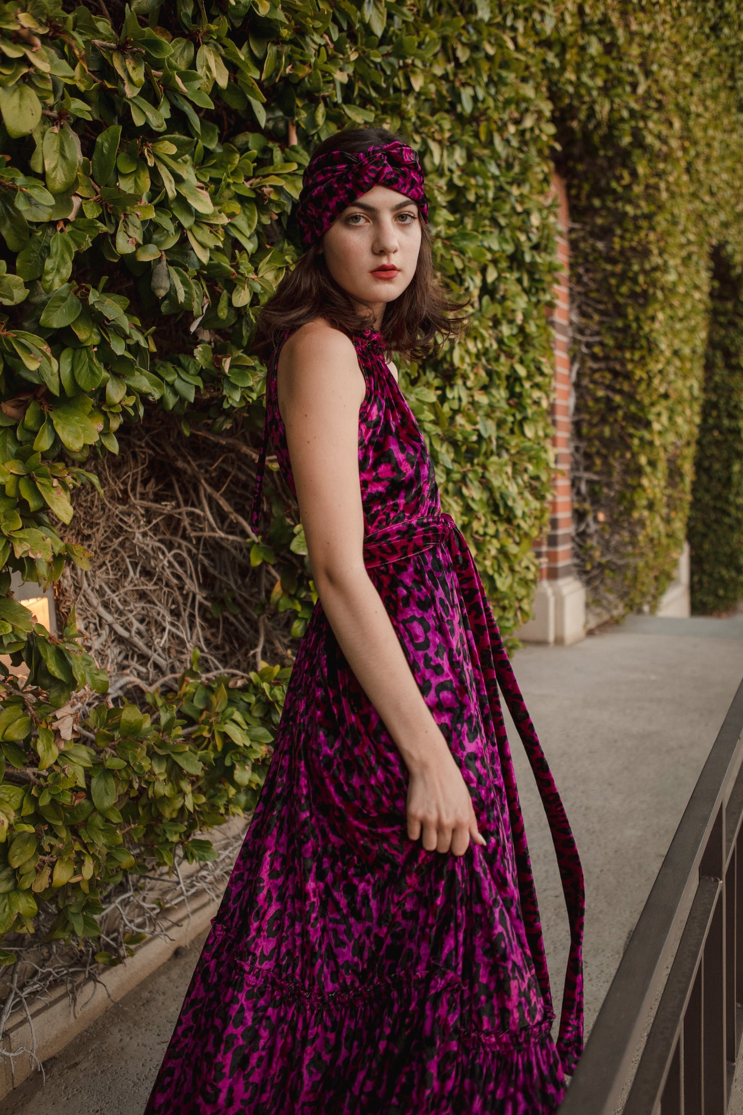 jennafer grace Vanya Fuchsia maxi dress magenta violet purple velvet velveteen leopard print boho bohemian hippie romantic whimsical holiday vacation beach resort las vegas palm springs unisex handmade in California USA