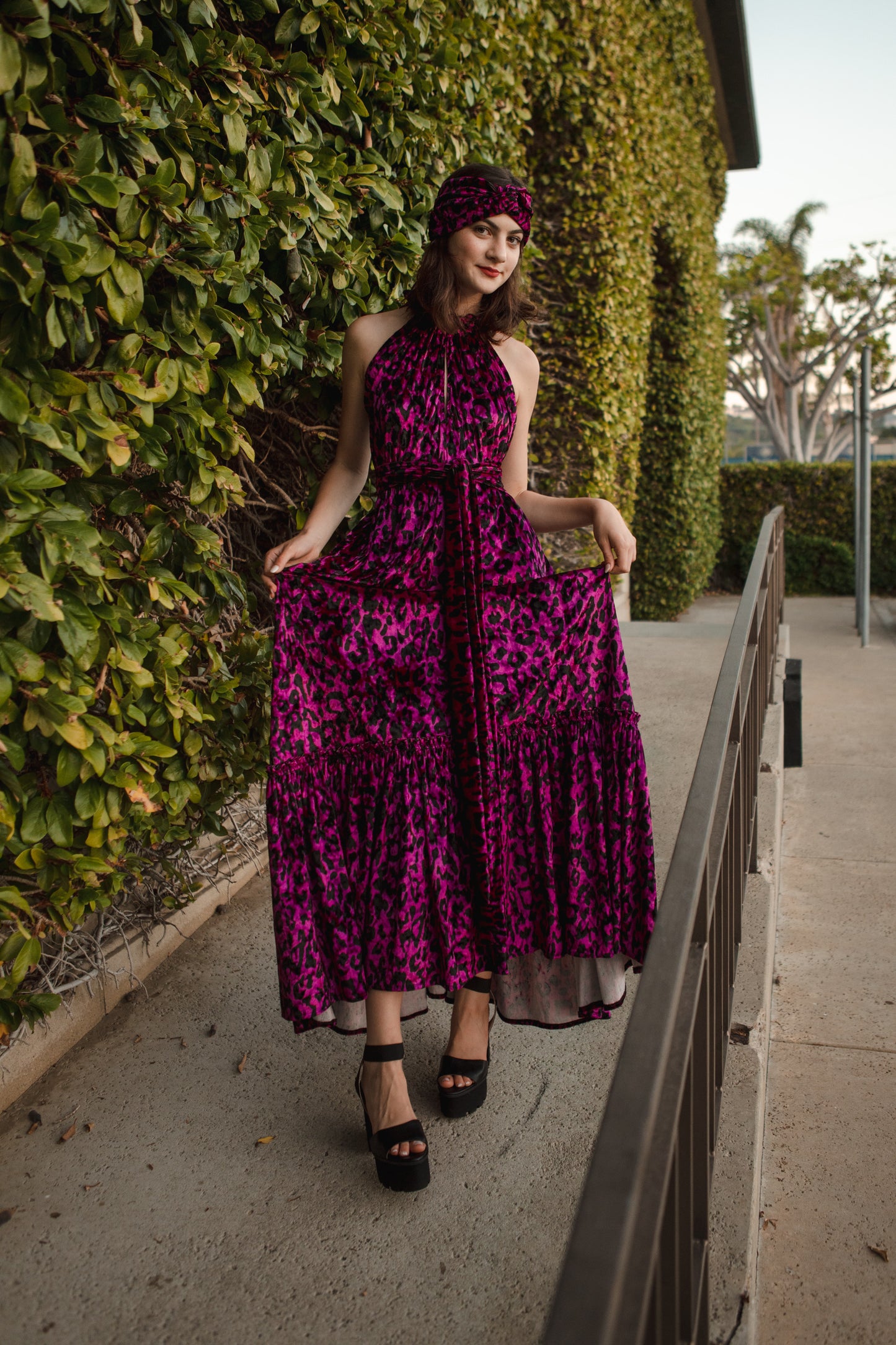 jennafer grace Vanya Fuchsia maxi dress magenta violet purple velvet velveteen leopard print boho bohemian hippie romantic whimsical holiday vacation beach resort las vegas palm springs unisex handmade in California USA