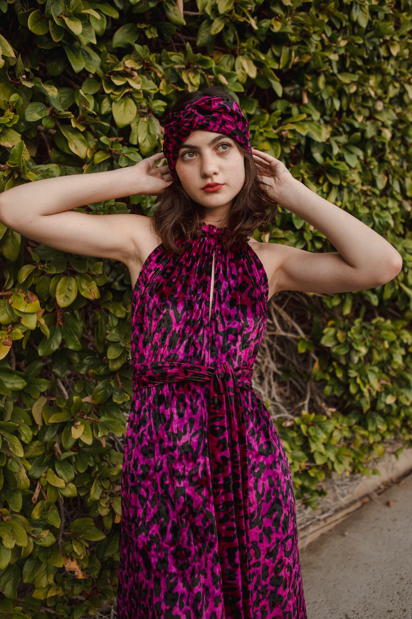 jennafer grace Vanya Fuchsia maxi dress magenta violet purple velvet velveteen leopard print boho bohemian hippie romantic whimsical holiday vacation beach resort las vegas palm springs unisex handmade in California USA