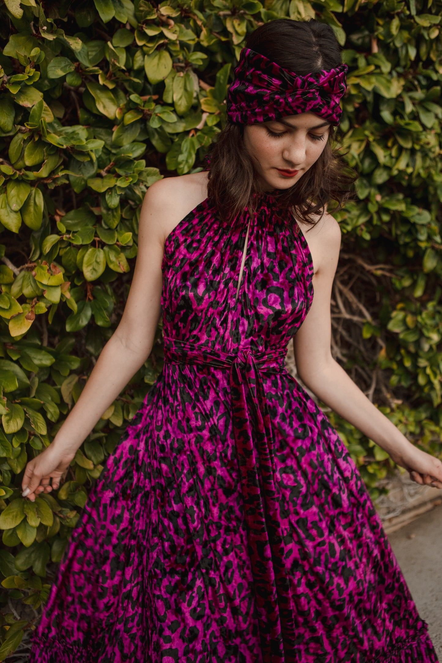 jennafer grace Vanya Fuchsia maxi dress magenta violet purple velvet velveteen leopard print boho bohemian hippie romantic whimsical holiday vacation beach resort las vegas palm springs unisex handmade in California USA