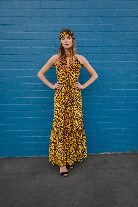 jennafer grace Vanya Gold maxi dress ochre yellow velvet velveteen leopard print boho bohemian hippie romantic whimsical holiday vacation beach resort las vegas palm springs unisex handmade in California USA