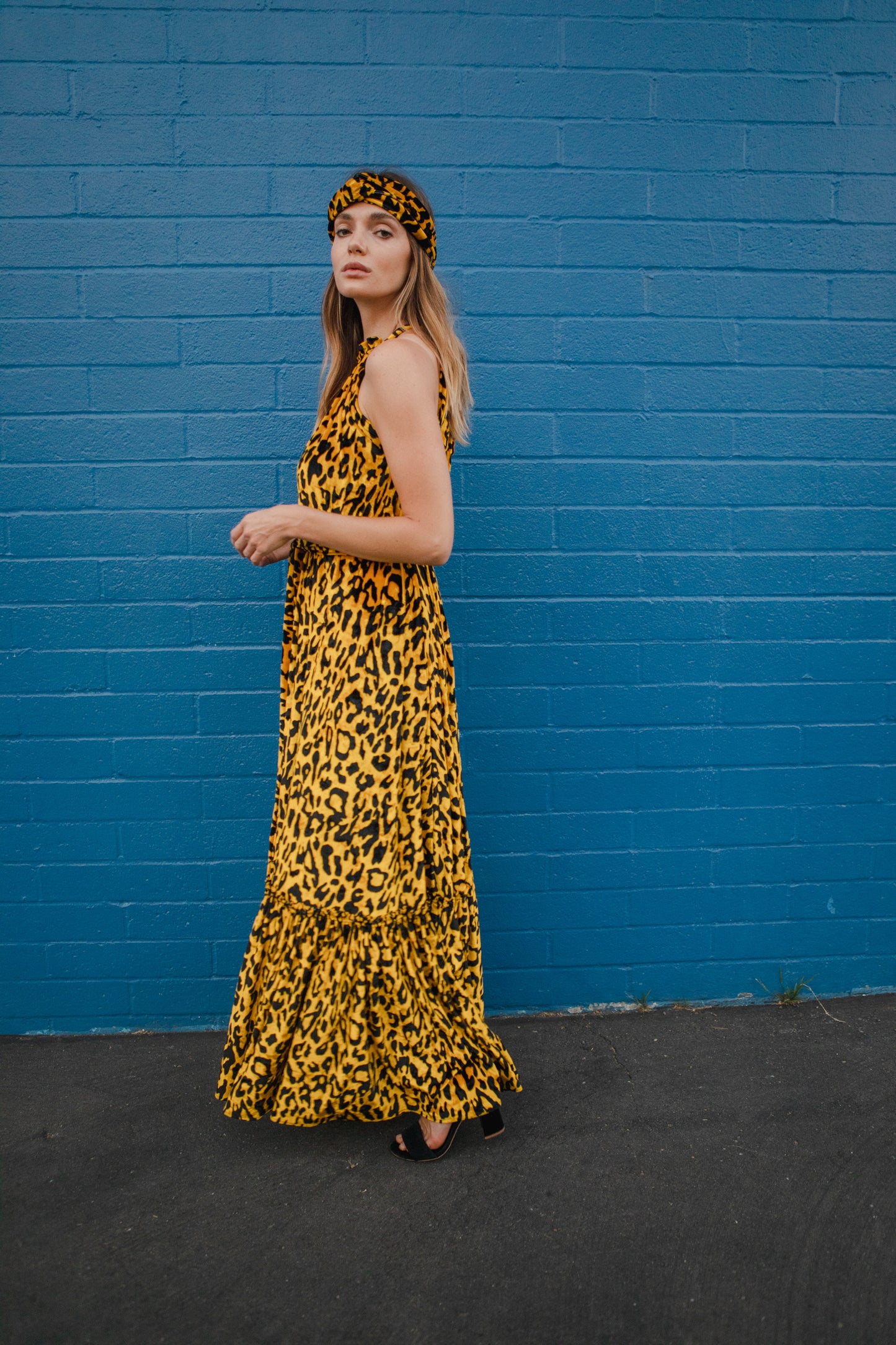 jennafer grace Vanya Gold maxi dress ochre yellow velvet velveteen leopard print boho bohemian hippie romantic whimsical holiday vacation beach resort las vegas palm springs unisex handmade in California USA