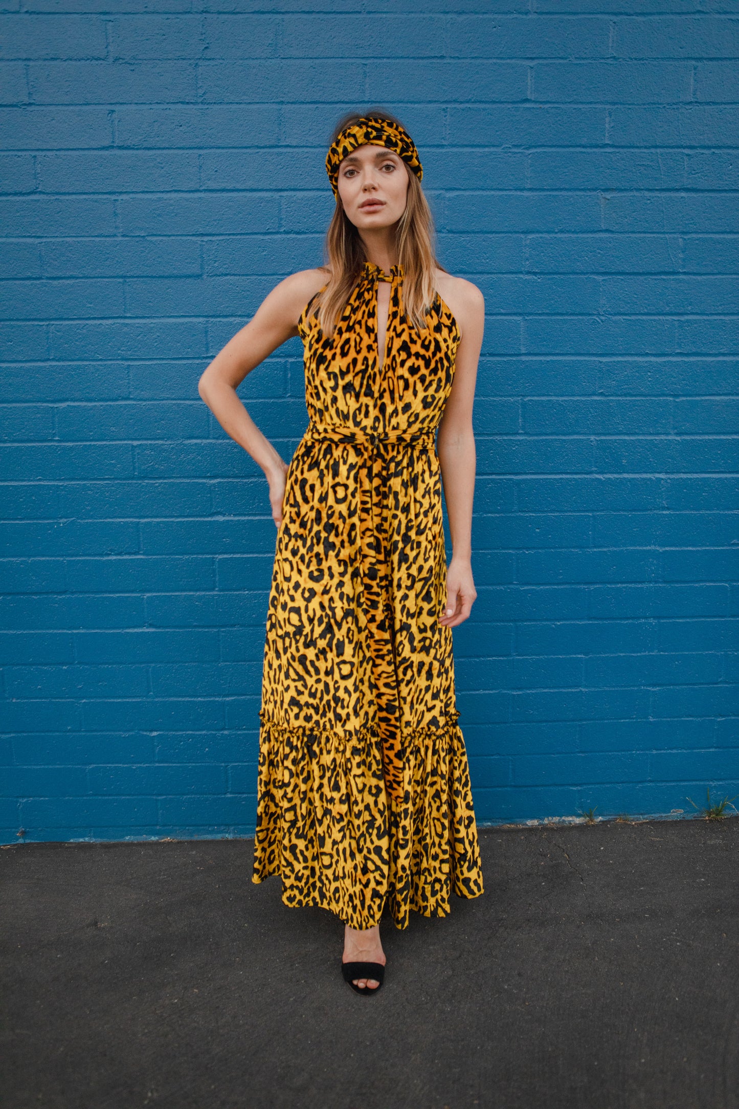jennafer grace Vanya Gold maxi dress ochre yellow velvet velveteen leopard print boho bohemian hippie romantic whimsical holiday vacation beach resort las vegas palm springs unisex handmade in California USA