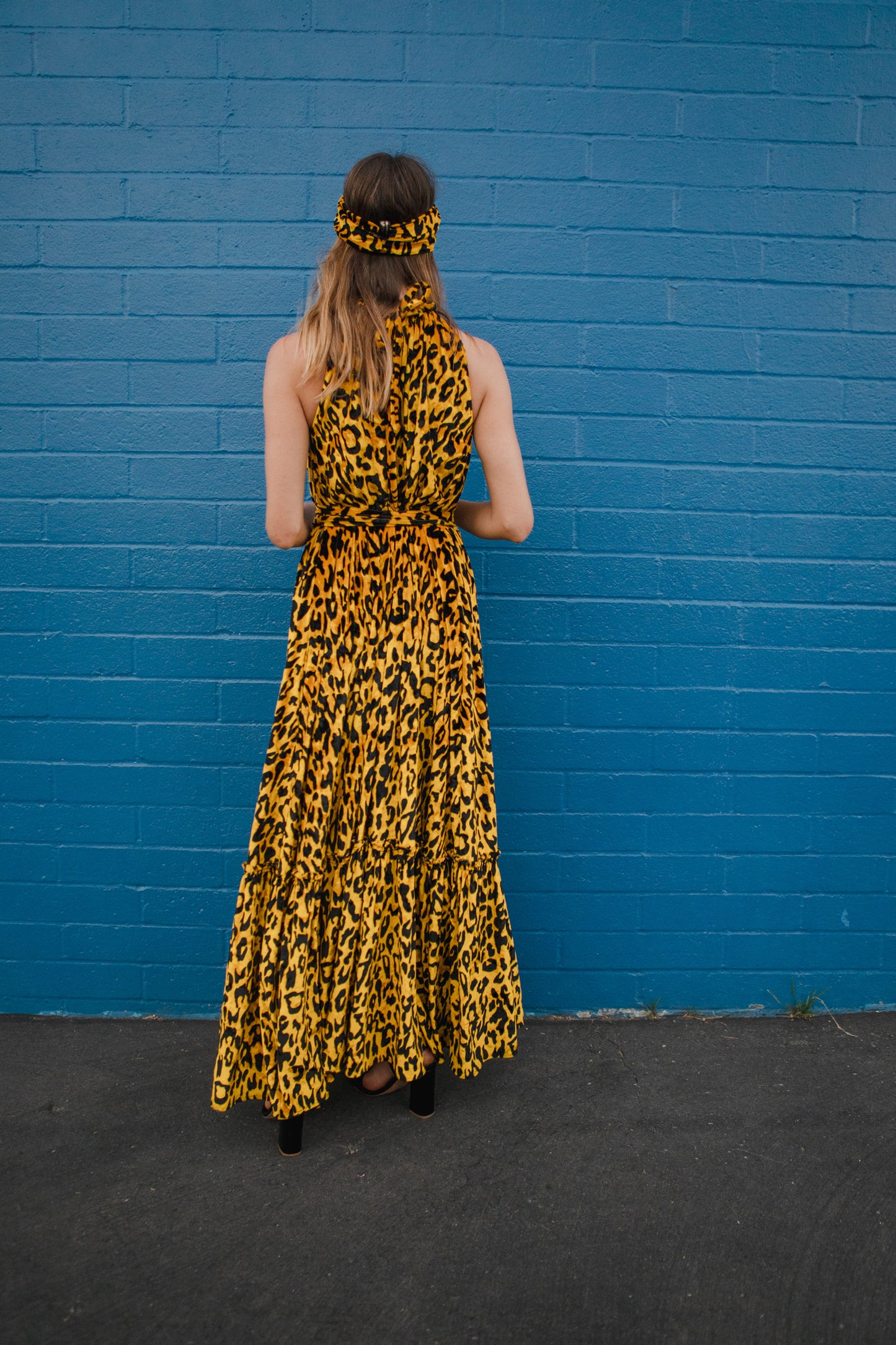jennafer grace Vanya Gold maxi dress ochre yellow velvet velveteen leopard print boho bohemian hippie romantic whimsical holiday vacation beach resort las vegas palm springs unisex handmade in California USA