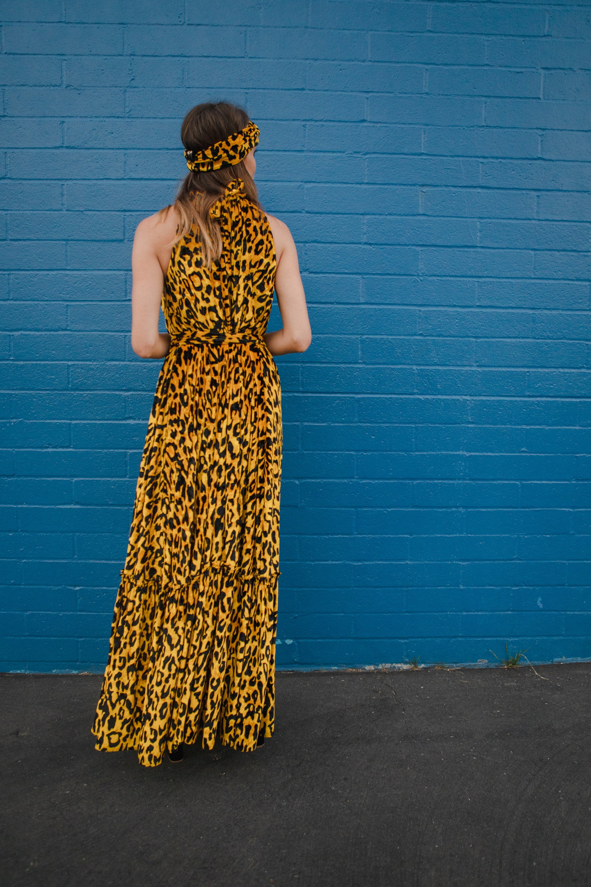 jennafer grace Vanya Gold maxi dress ochre yellow velvet velveteen leopard print boho bohemian hippie romantic whimsical holiday vacation beach resort las vegas palm springs unisex handmade in California USA