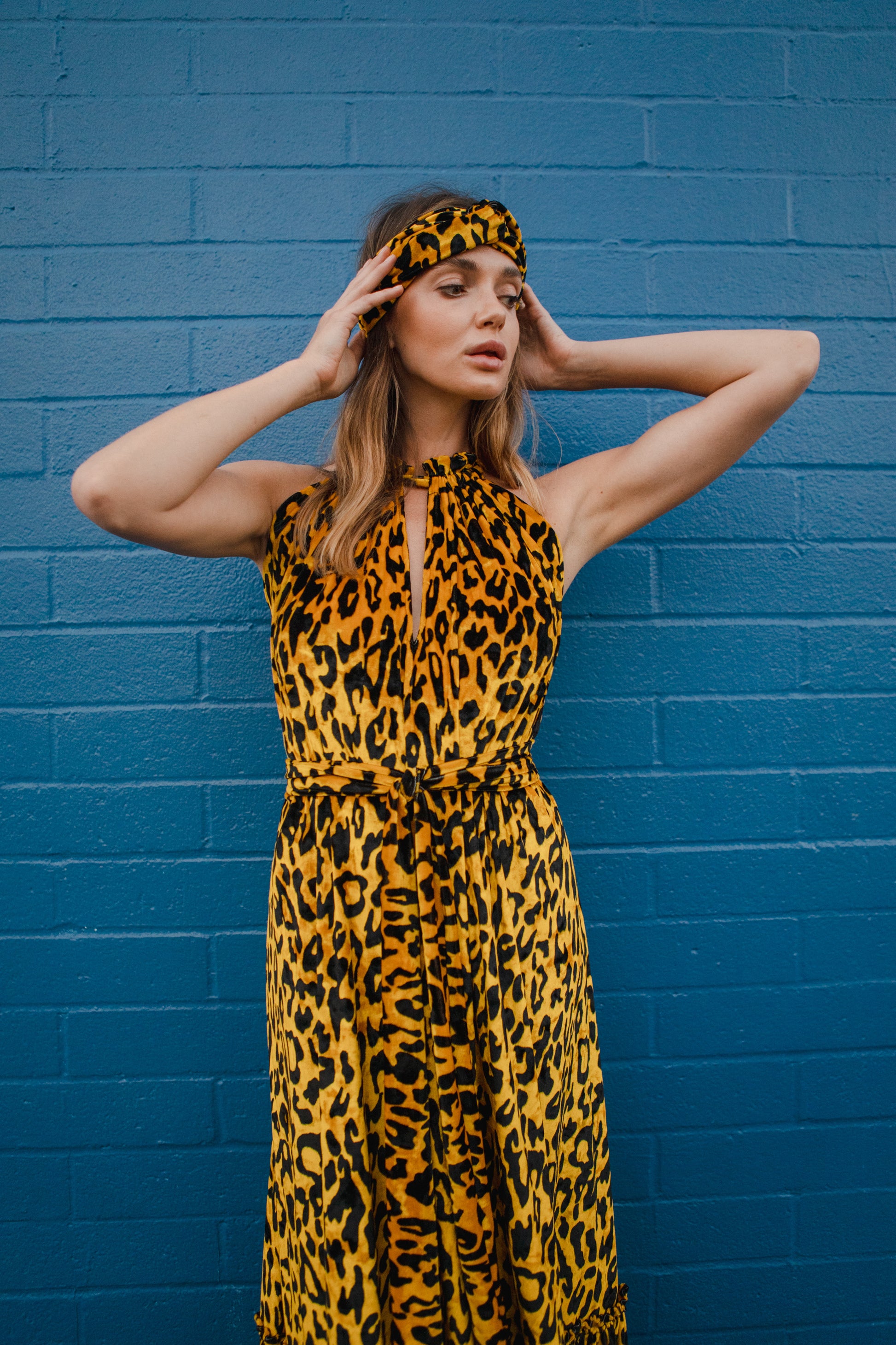 jennafer grace Vanya Gold maxi dress ochre yellow velvet velveteen leopard print boho bohemian hippie romantic whimsical holiday vacation beach resort las vegas palm springs unisex handmade in California USA