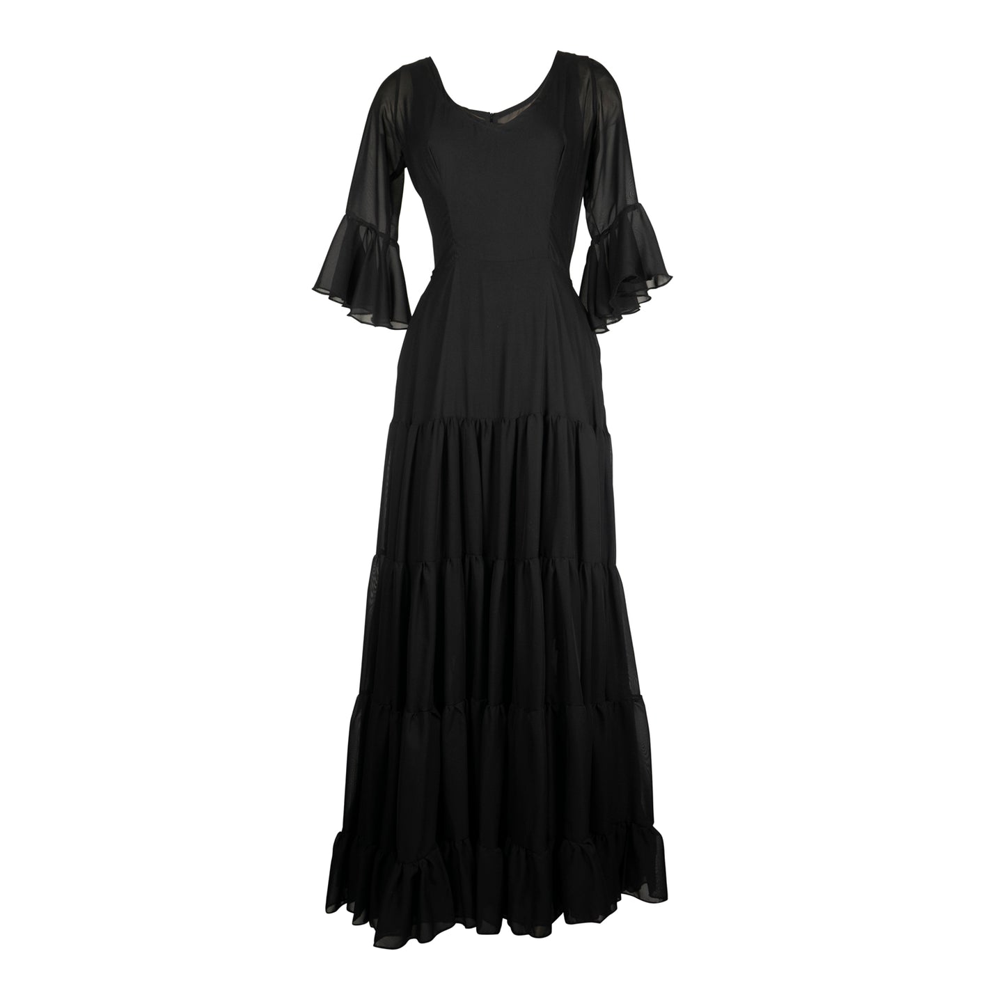 Jennafer Grace Willow ruffle dress black summer dress spring evening gown full circle skirt bell sleeves goth gothic boho bohemian hippie romantic whimsical unisex handmade in California USA
