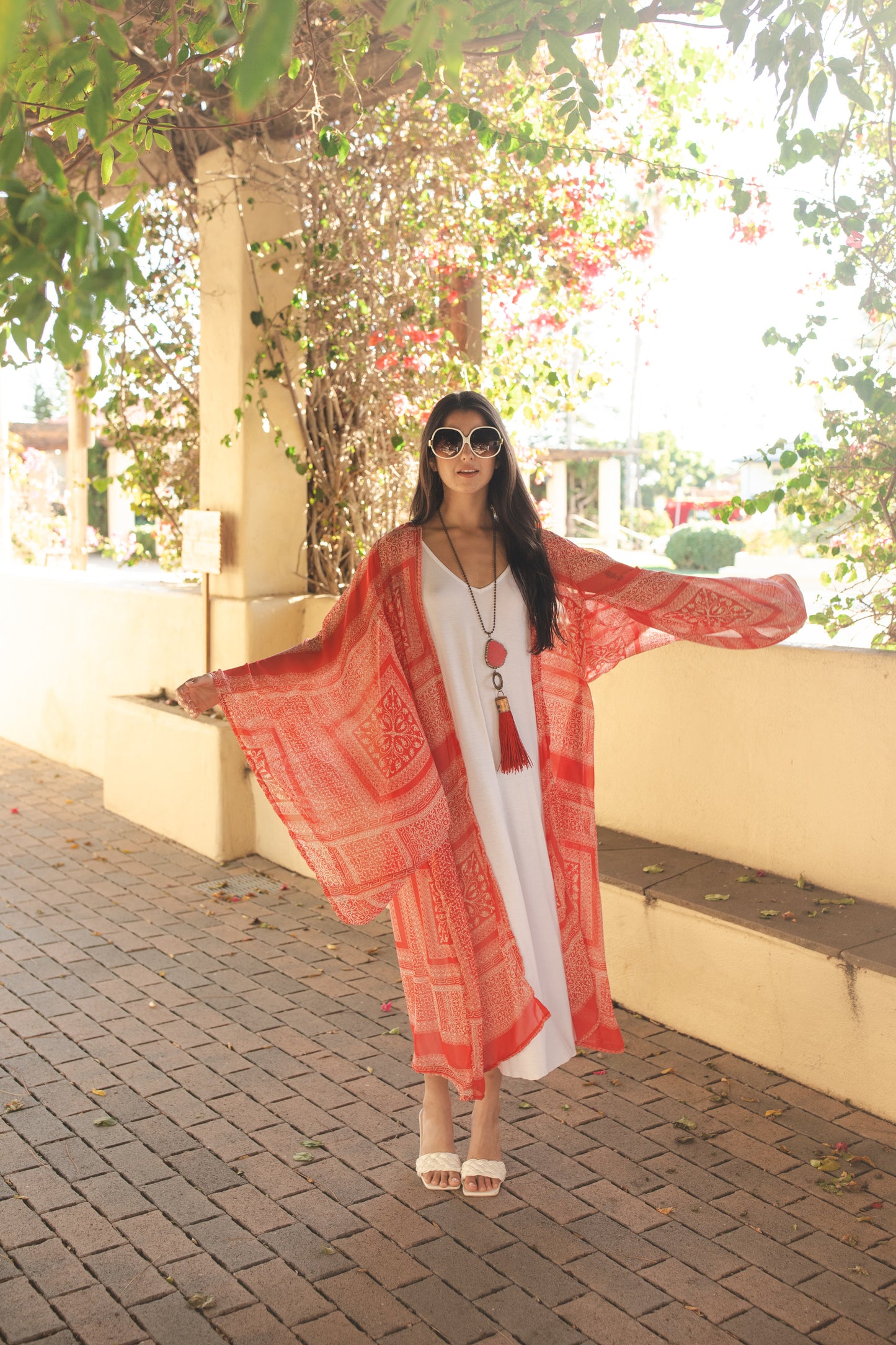 jennafer grace Zingara kimono red scarf print semi-sheer coverup wrap dress with pockets duster jacket robe boho bohemian hippie whimsical romantic beach poolside resort cabana lounge wear unisex handmade in California USA