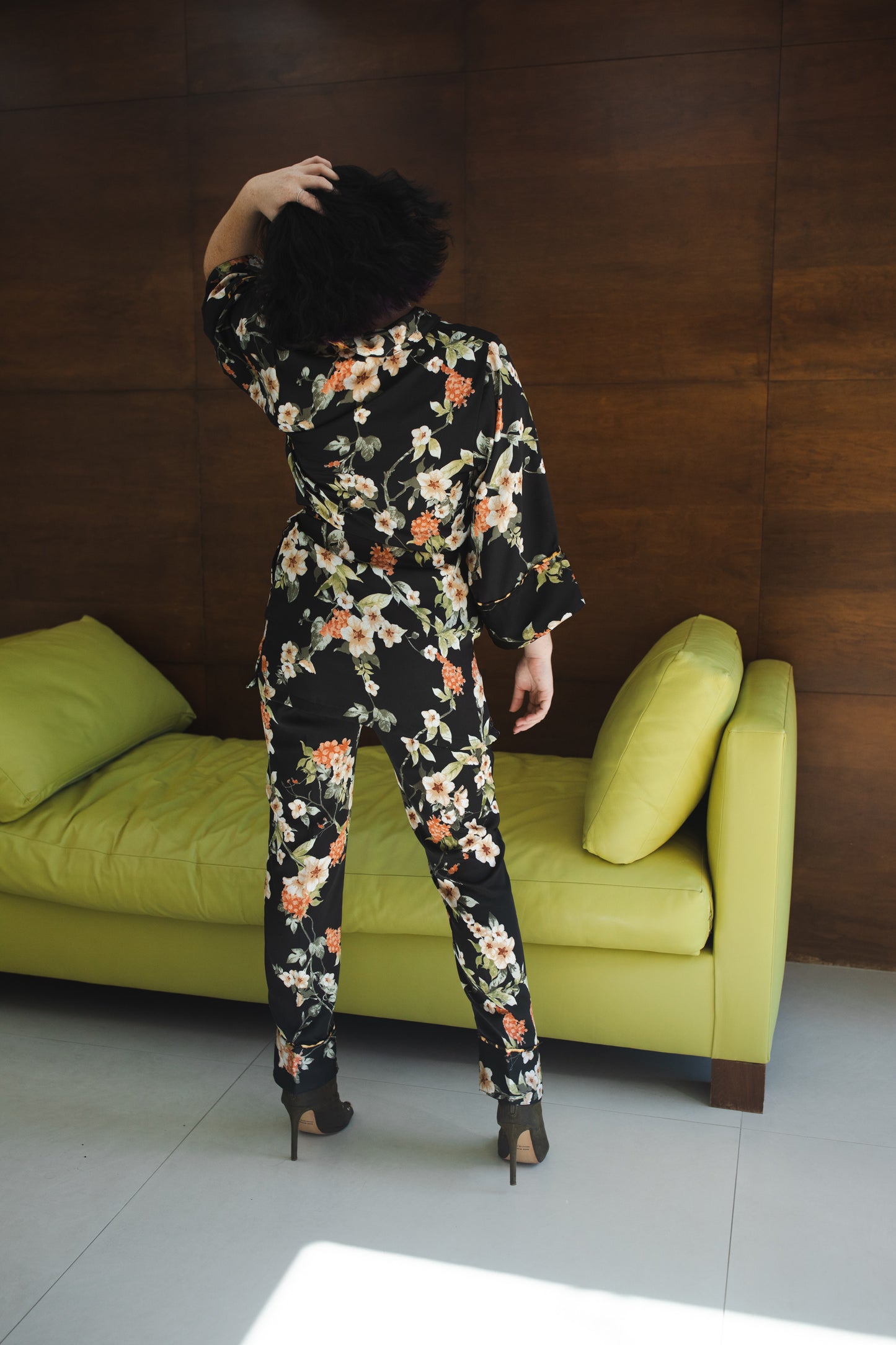 jennafer grace Deliciarum paglamas glam pajamas pjs co-ord coord matching set lounge wear wrap top tapered pant black floral orange flowers leopard print piping dark goth gothic boho bohemian hippie unisex handmade in California USA