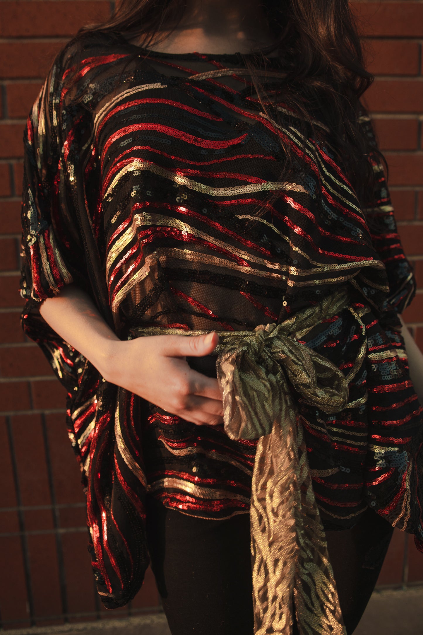 Jennafer Grace Imperial Disco Poncho sequined mesh scarf top with gold sequin tie belt festive Chinese lunar new year themed semi-sheer blouse with gold red black sequin abstract tiger stripes boho bohemian hippie romantic whimsical unisex handmade in California USA