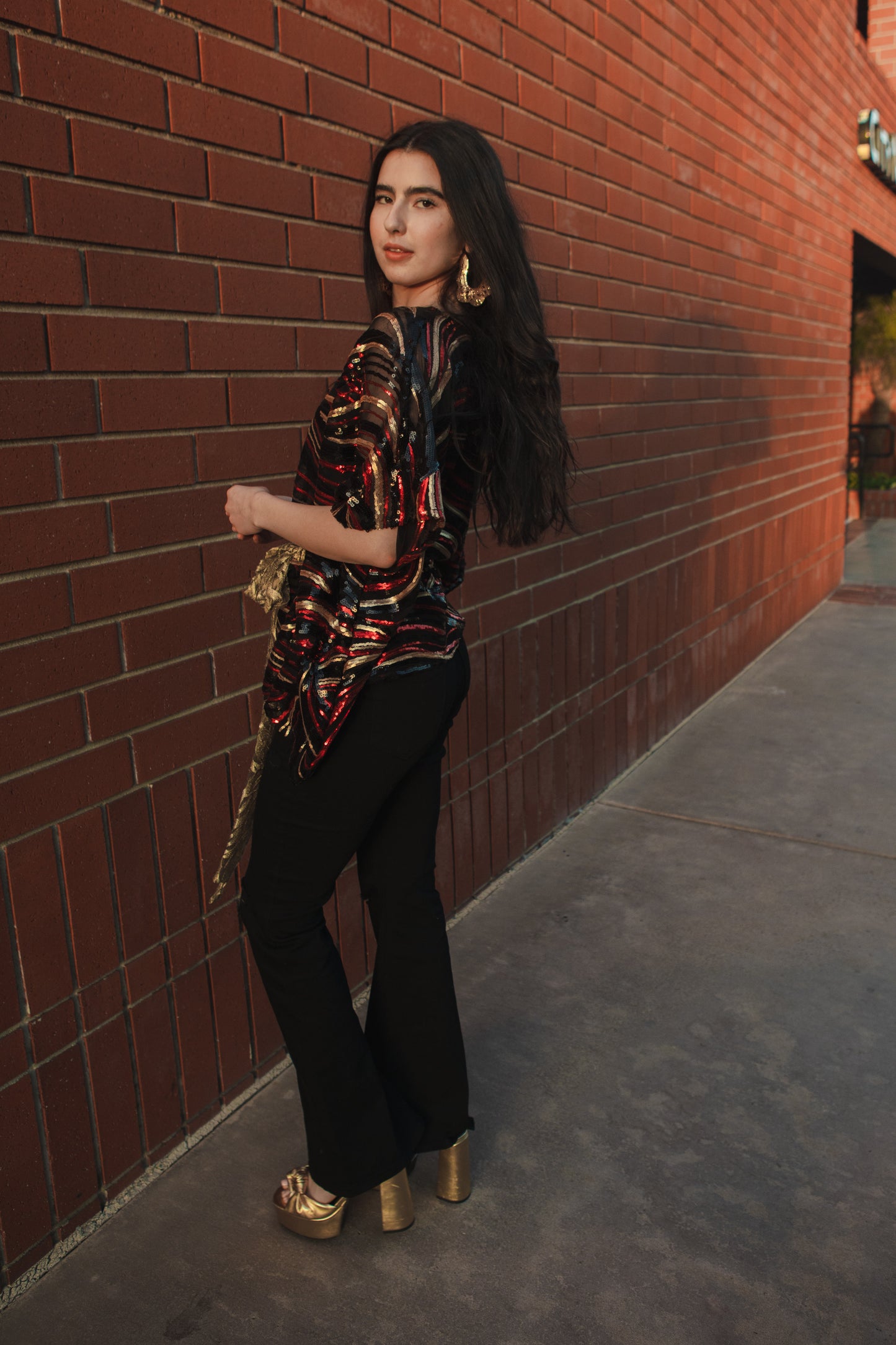 Jennafer Grace Imperial Disco Poncho sequined mesh scarf top with gold sequin tie belt festive Chinese lunar new year themed semi-sheer blouse with gold red black sequin abstract tiger stripes boho bohemian hippie romantic whimsical unisex handmade in California USA