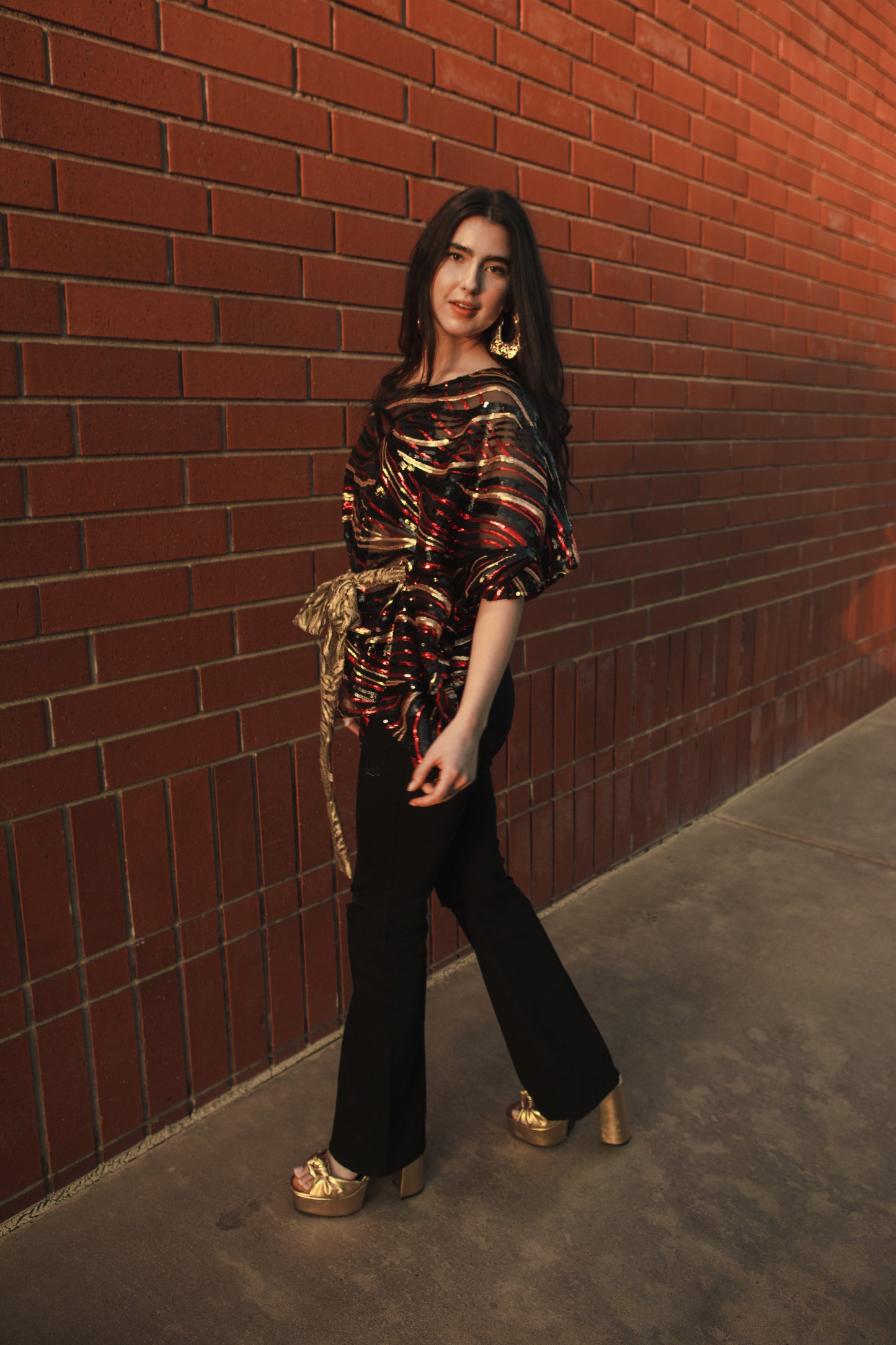 Jennafer Grace Imperial Disco Poncho sequined mesh scarf top with gold sequin tie belt festive Chinese lunar new year themed semi-sheer blouse with gold red black sequin abstract tiger stripes boho bohemian hippie romantic whimsical unisex handmade in California USA