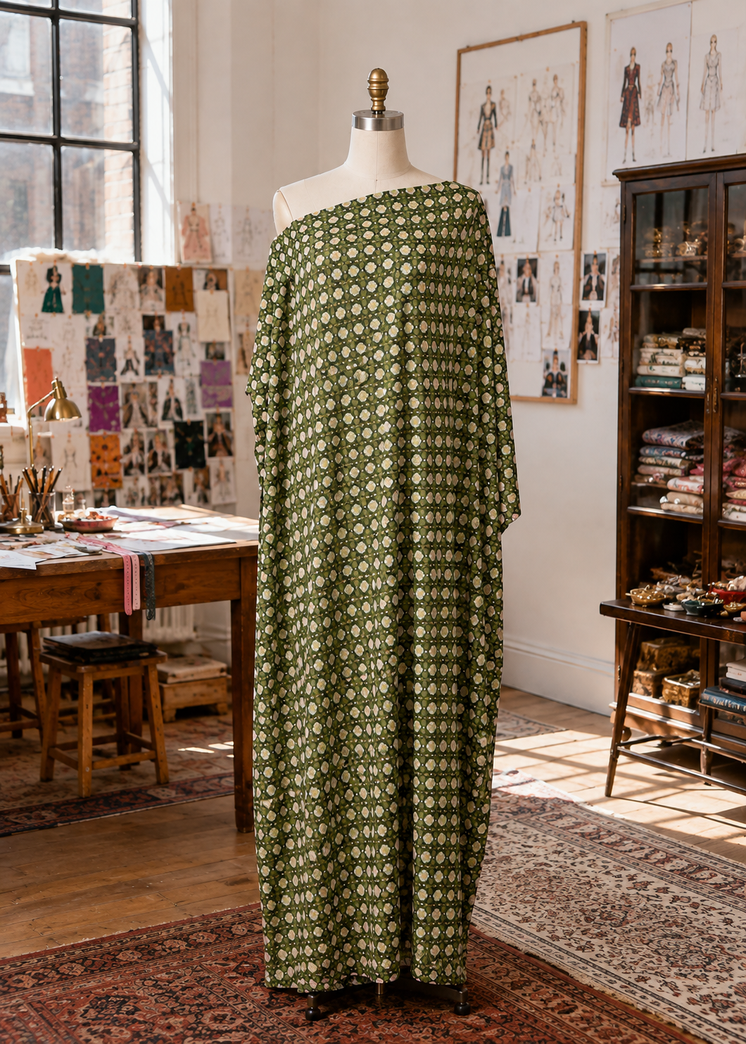 Cressida Caftan In Vert Cannage