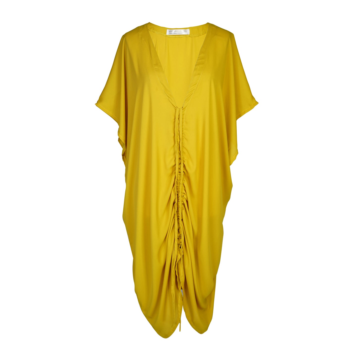 Vibrant yellow caftan. This piece features a deep v-neck, batwing sleeve, a center drawstring for ruche styling, and ankle length hem. Retro bohemian aesthetic.