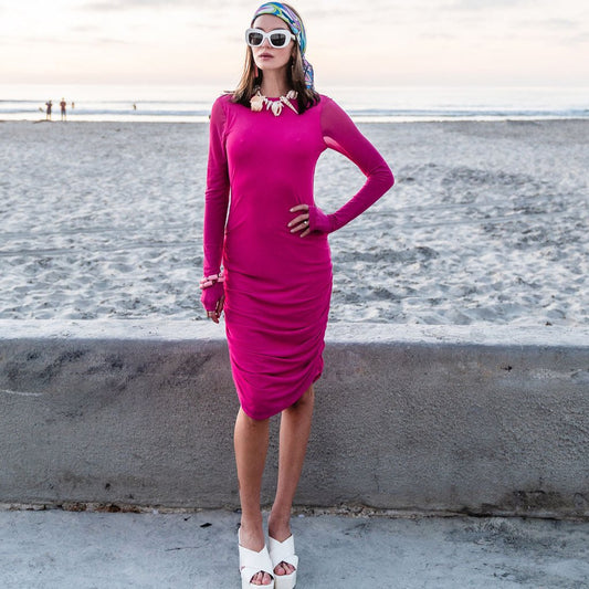 Magenta Mesh Long Sleeve Bodycon Dress by Alana Kay
