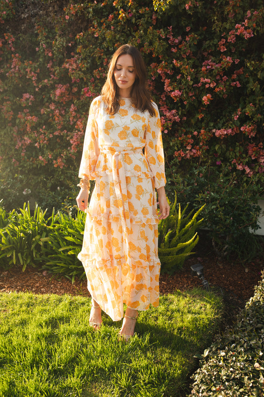 jennafer grace Amarillo Love Maxi Dress white with yellow flowers elegant simplicity high neck long sleeve cinched waist tie tiered skirt boho bohemian hippie romantic whimsical holiday dress spring floral handmade in California USA