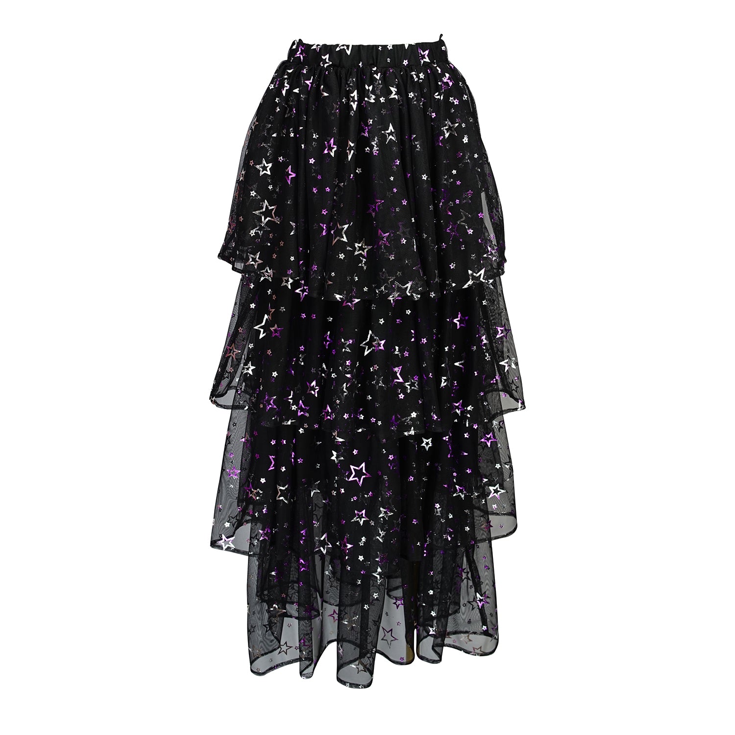 A tiered maxi skirt. Crafted with four tiers of layered black and metallic silver/purple stars and an elastic waist for all-day comfort. High waist with ankle hem. 