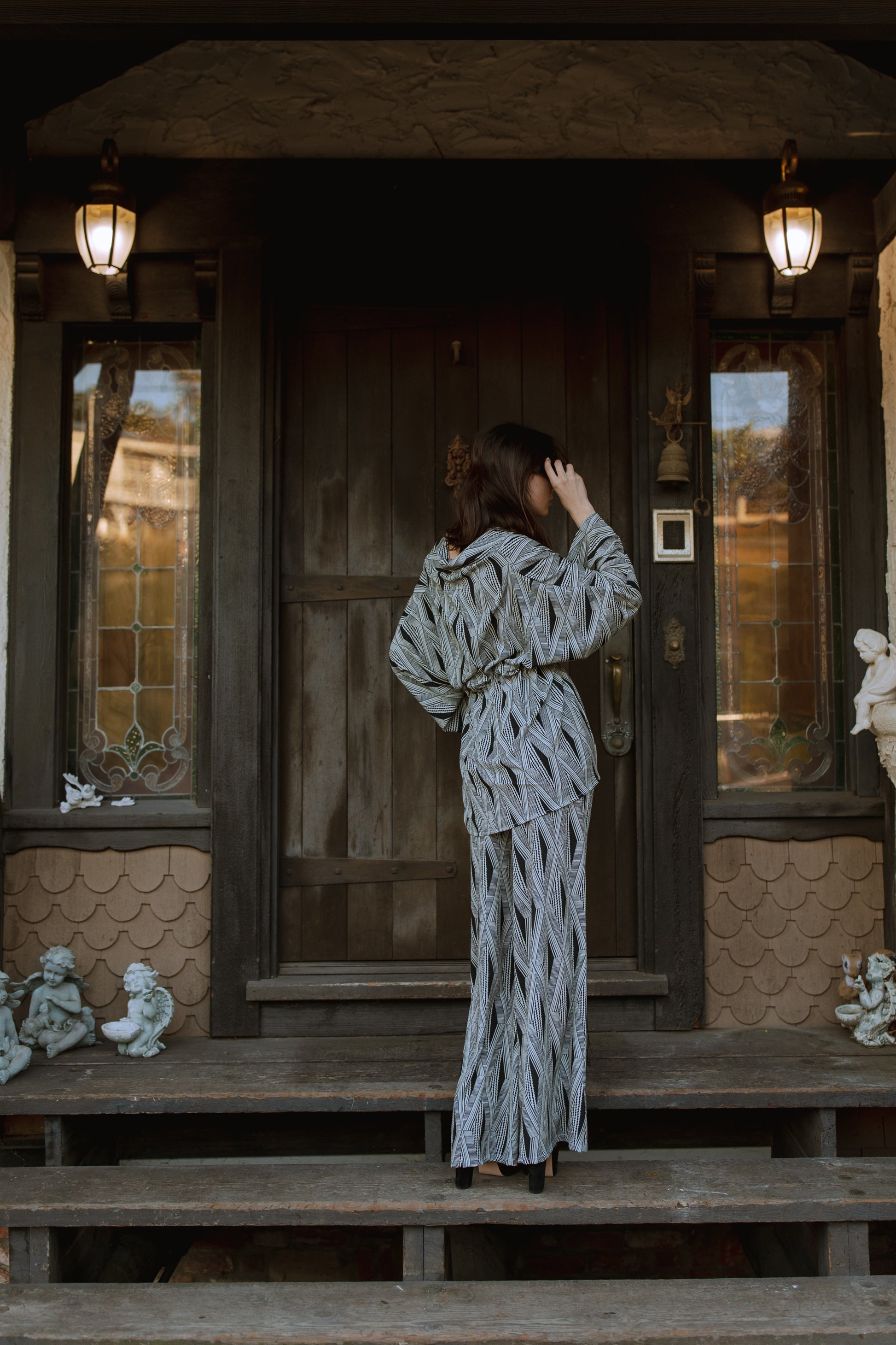 jennafer grace Azteca dolman palazzo set soft silky opaque georgette with black and white geometric pattern matching co-ord coord set wrap blouse top with tasseled belt and palazzo pant with pockets and elastic waist boho bohemian hippie romantic whimsical glamorous pajamas pjs glam lounge wear handmade in california usa