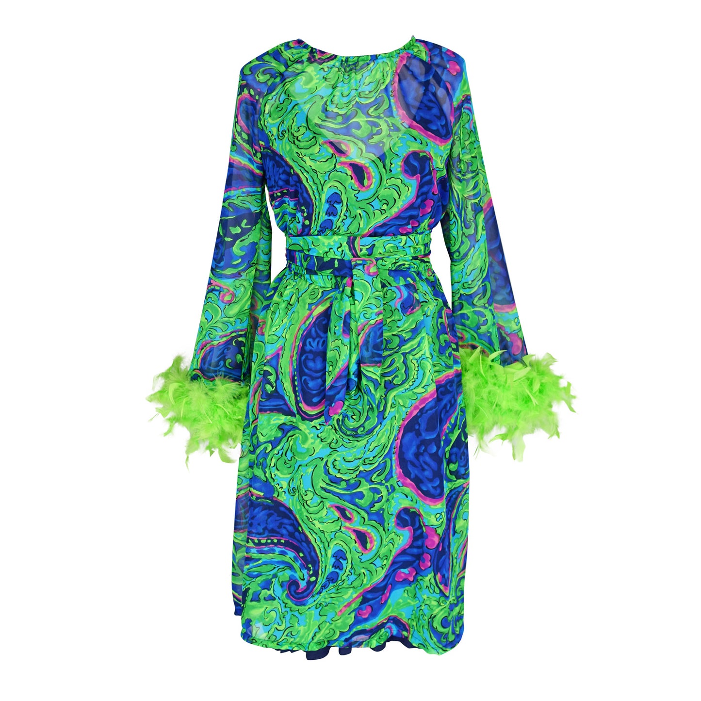 Funky fresh retro midi dress with royal blue and lime green abstract filigree swirl print with hints of aqua and fuchsia. The dress features a crew neck, keyhole detail at upper back, 3/4 bell sleeves with neon green feathers at cuff, a knee-length hem, and optional wrap tie for a cinched waist.