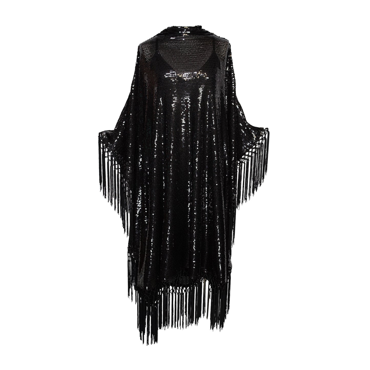 This caftan is a dazzling, full-length garment featuring a shimmering inky black sequin overlay on a mesh fabric. The sequins catch the light, creating a sparkling effect throughout. It has a mock neck collar with a straight, loose fit that drapes elegantly over the body. The edges of the caftan, including the hem and the sides, are embellished with long, black silk fringe that add movement and a playful flair to an elegant and timeless design.