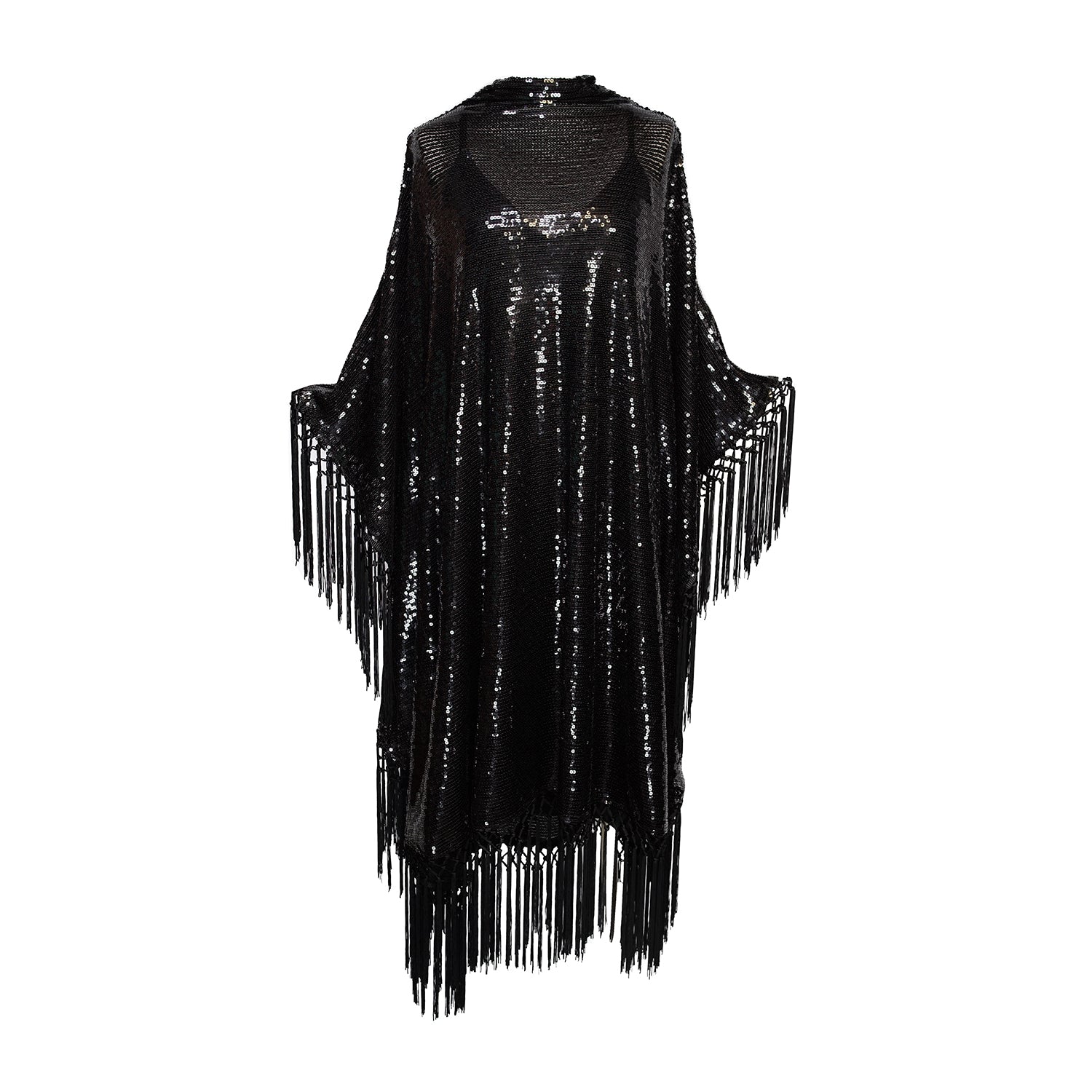 This caftan is a dazzling, full-length garment featuring a shimmering inky black sequin overlay on a mesh fabric. The sequins catch the light, creating a sparkling effect throughout. It has a mock neck collar with a straight, loose fit that drapes elegantly over the body. The edges of the caftan, including the hem and the sides, are embellished with long, black silk fringe that add movement and a playful flair to an elegant and timeless design.