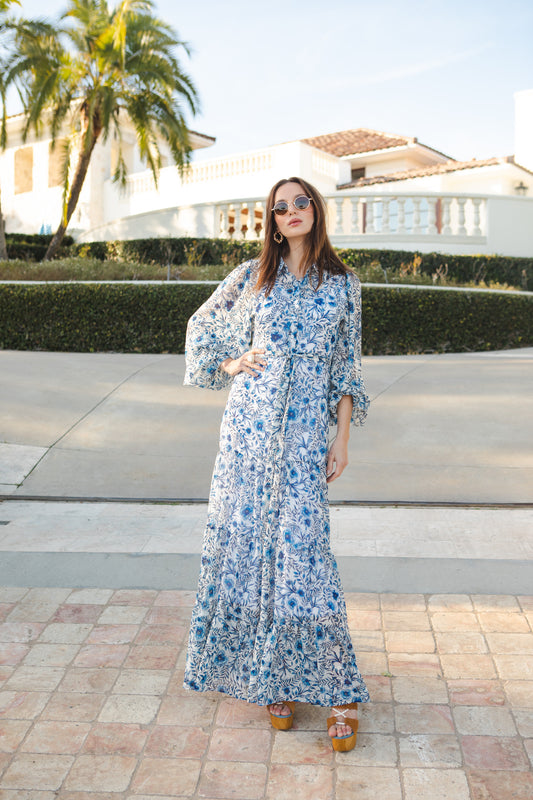 jennafer grace Bluebelle Bookie Maxi Dress white with modern cobalt blue watercolor floral print collared button up maxi dress cinched waist belt bishop sleeves boho bohemian hippie romantic whimsical summer holiday dress handmade in California USA