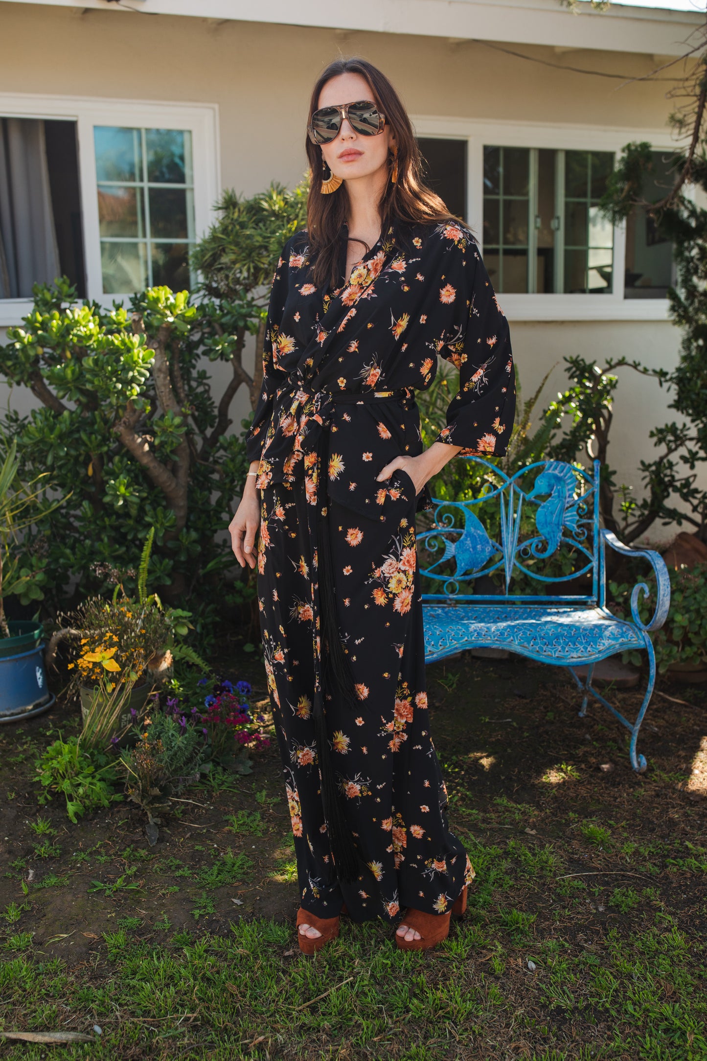 jennafer grace Briar dolman palazzo set silky black georgette with vibrant yellow pink floral print matching co-ord coord set wrap blouse top with tasseled belt and palazzo pant with pockets and elastic waist boho bohemian hippie romantic whimsical glamorous pajamas pjs glam lounge wear handmade in california usa