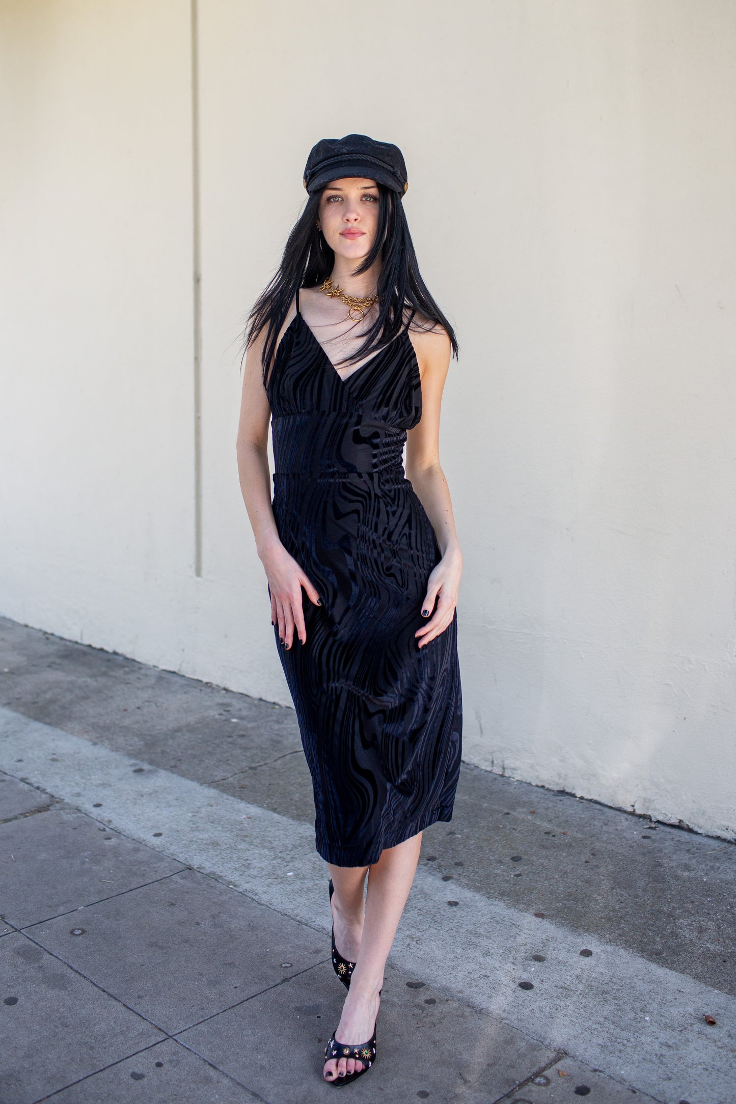 Celeste Midi Dress in Vortex Black Velvet
