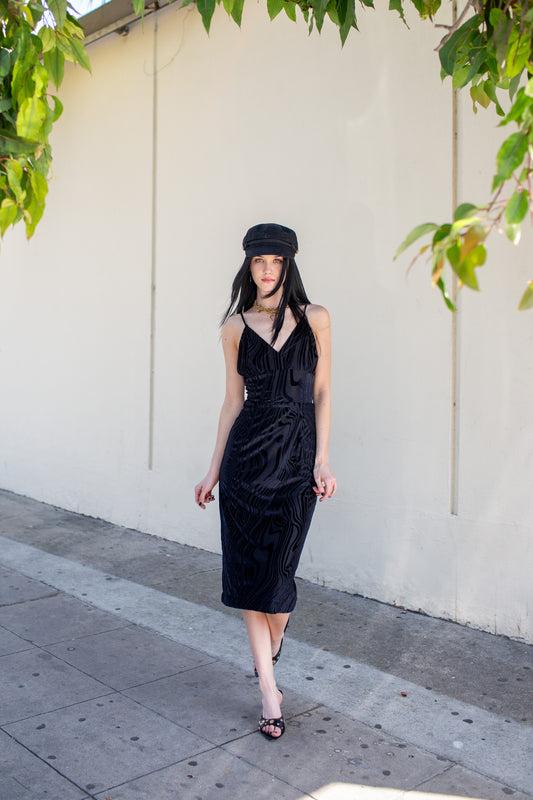 Celeste Midi Dress in Vortex Black Velvet