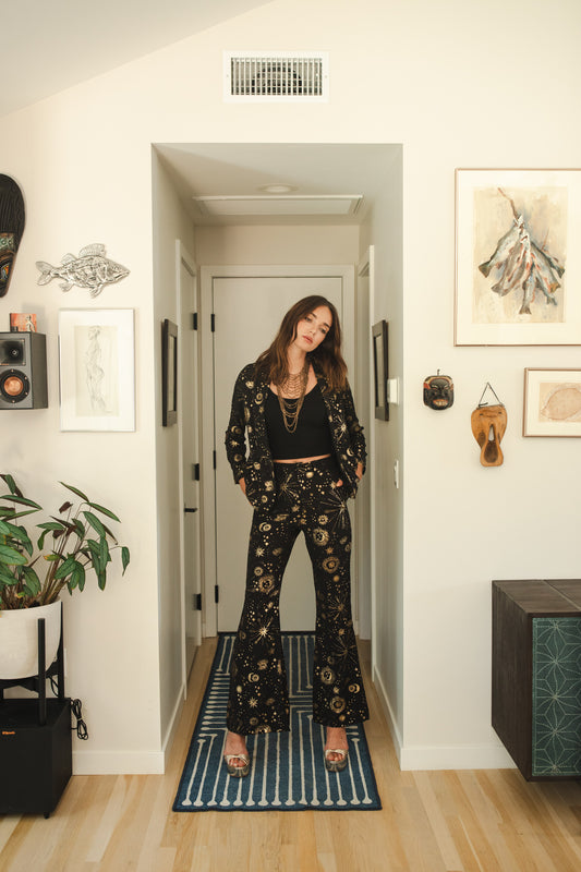 jennafer grace Celestia Bellbottoms black flared palazzo bellbottom with metallic gold foil celestial print astrological astronomy witchy gothic goth boho bohemian hippie romantic whimsical unisex handmade in California USA