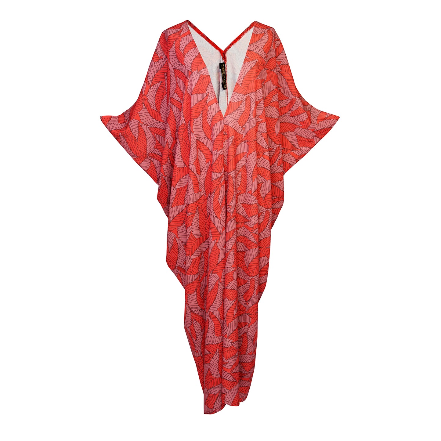 This red leaf print caftan is the answer to glam layering. Made with a generous amount of rayon chiffon and lots of love. 