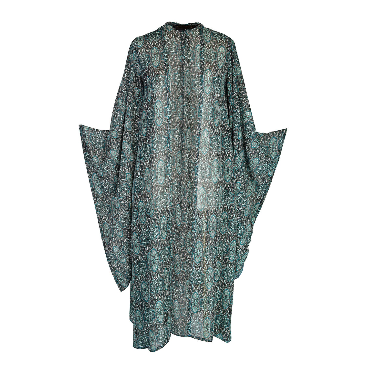 Turquoise tile print, floaty, ethereal, kimono with belt. Made from turquoise printed chiffon, its tile print is reminiscent of jewelry. Can be worn open as a robe or wrap dress. Long flowy sleeves with ankle hem.