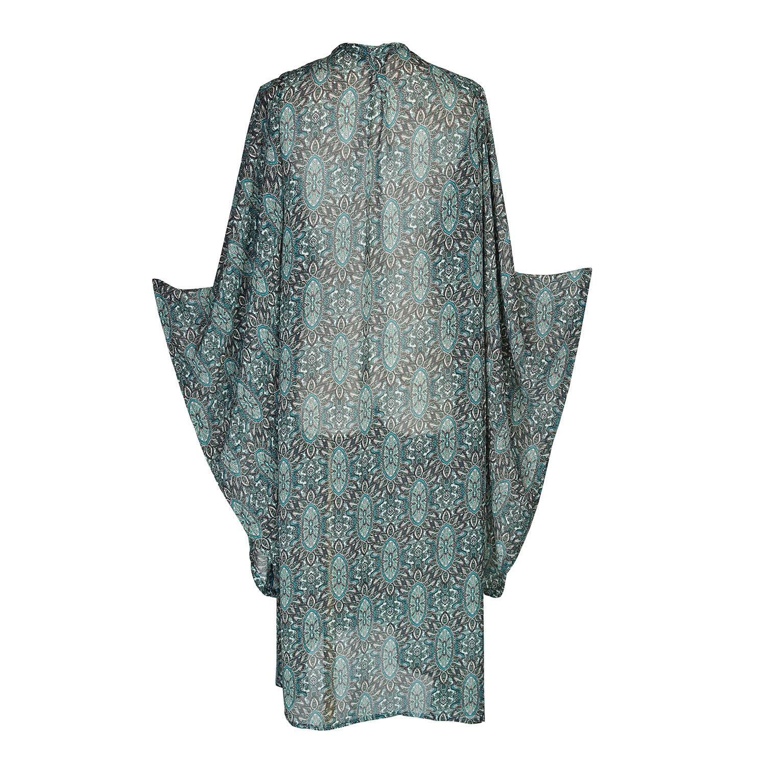 Turquoise tile print, floaty, ethereal, kimono with belt. Made from turquoise printed chiffon, its tile print is reminiscent of jewelry. Can be worn open as a robe or wrap dress. Long flowy sleeves with ankle hem.