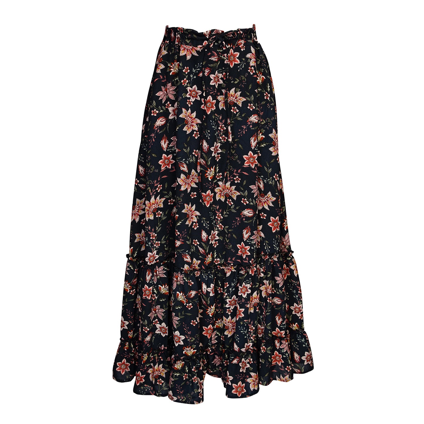 Flowy fab Stevie vibes. This floaty bohemian ruffle skirt is made from a sumptuous linen-like floral rayon. With elastic drawstring waist and roll hem detail, it will elevate your wardrobe with high-low mix and match magic!