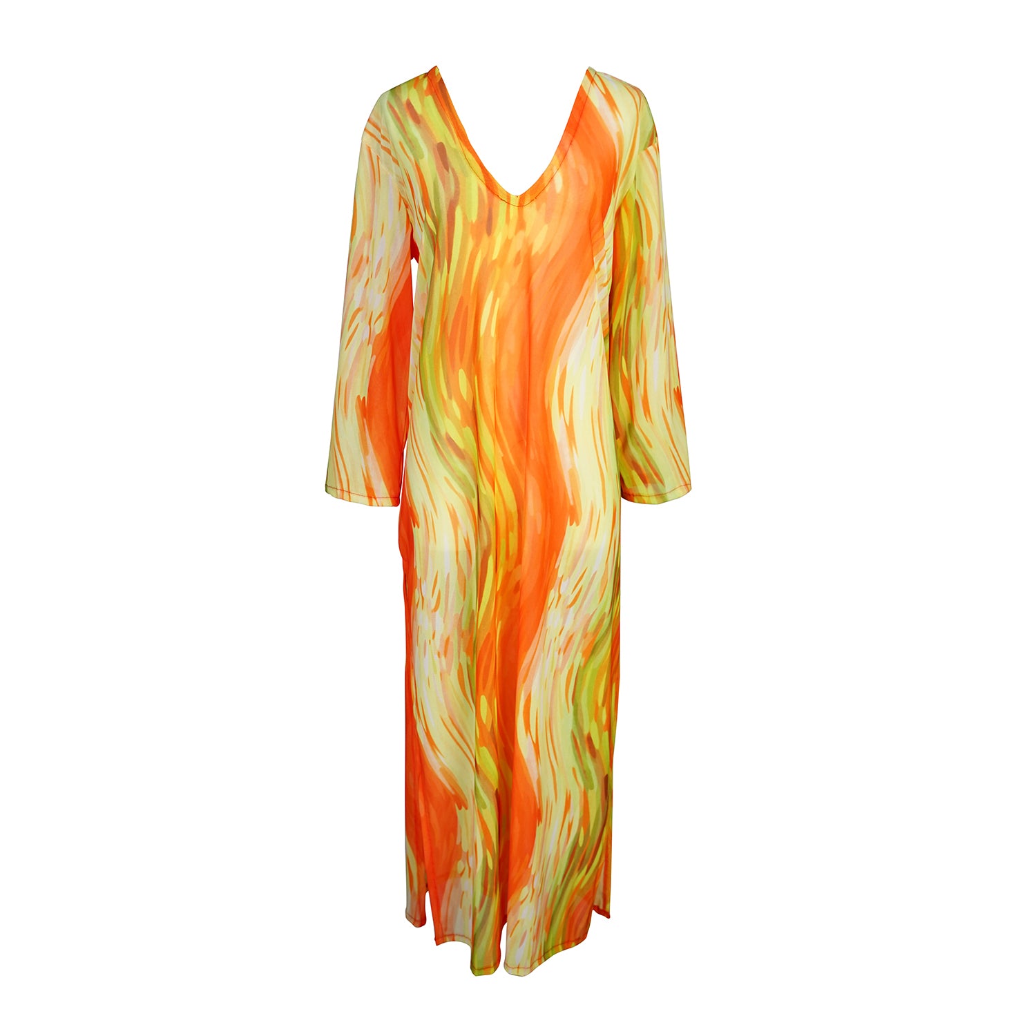 Our Citron Split Hem Caftan With Sleeves! With has vibrant citron orange, bright lime, and vivid yellow colors. This long tunic with high side slits can be a beach cover up